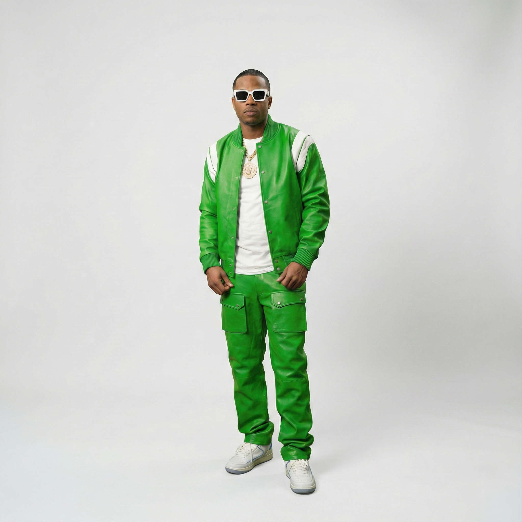 Men’s Green Leather Varsity Jacket & Cargo Pants Set