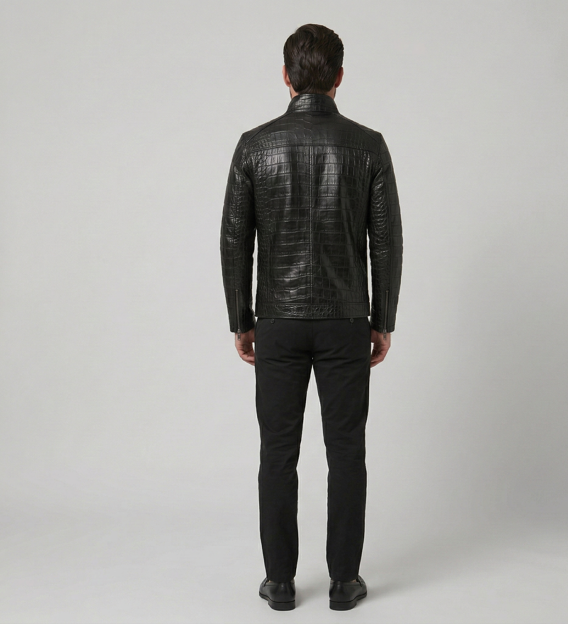 Luxury Men’s Black Crocodile Embossed Leather Jacket – Modern Slim Fit
