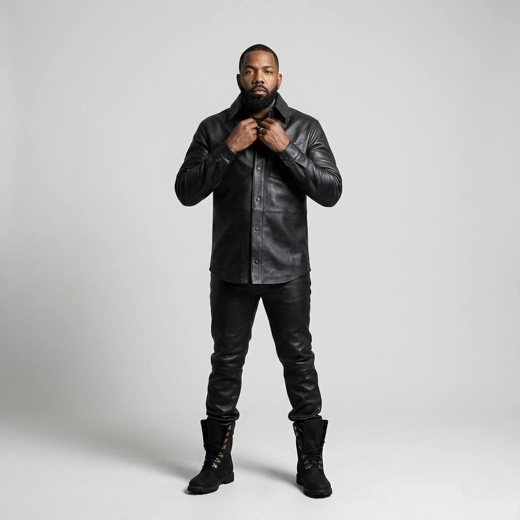 Men’s Black Leather Shirt & Pants Set – Two-Piece Outfit