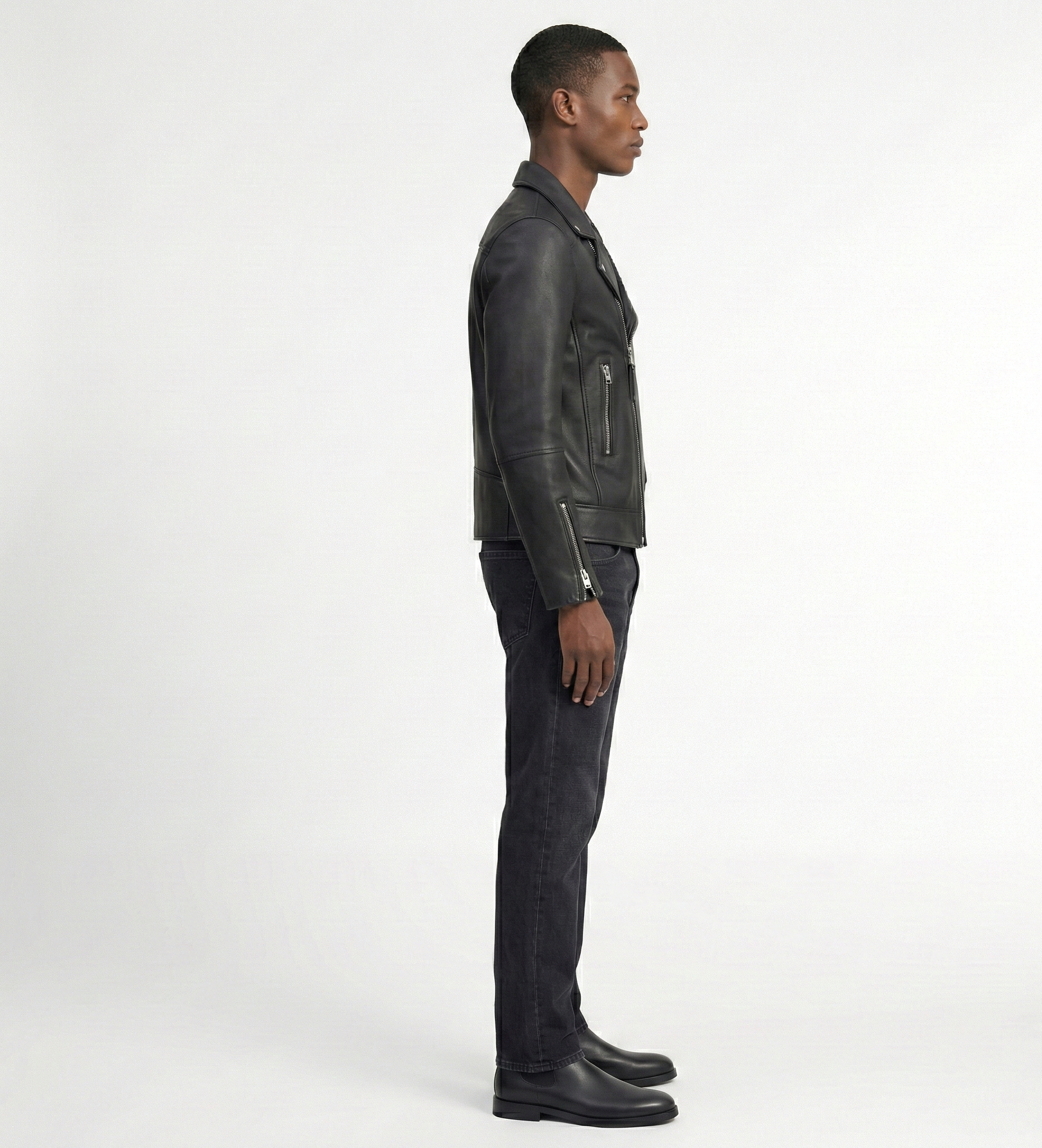 Men’s Black Leather Biker Jacket – Classic Moto Zip Style