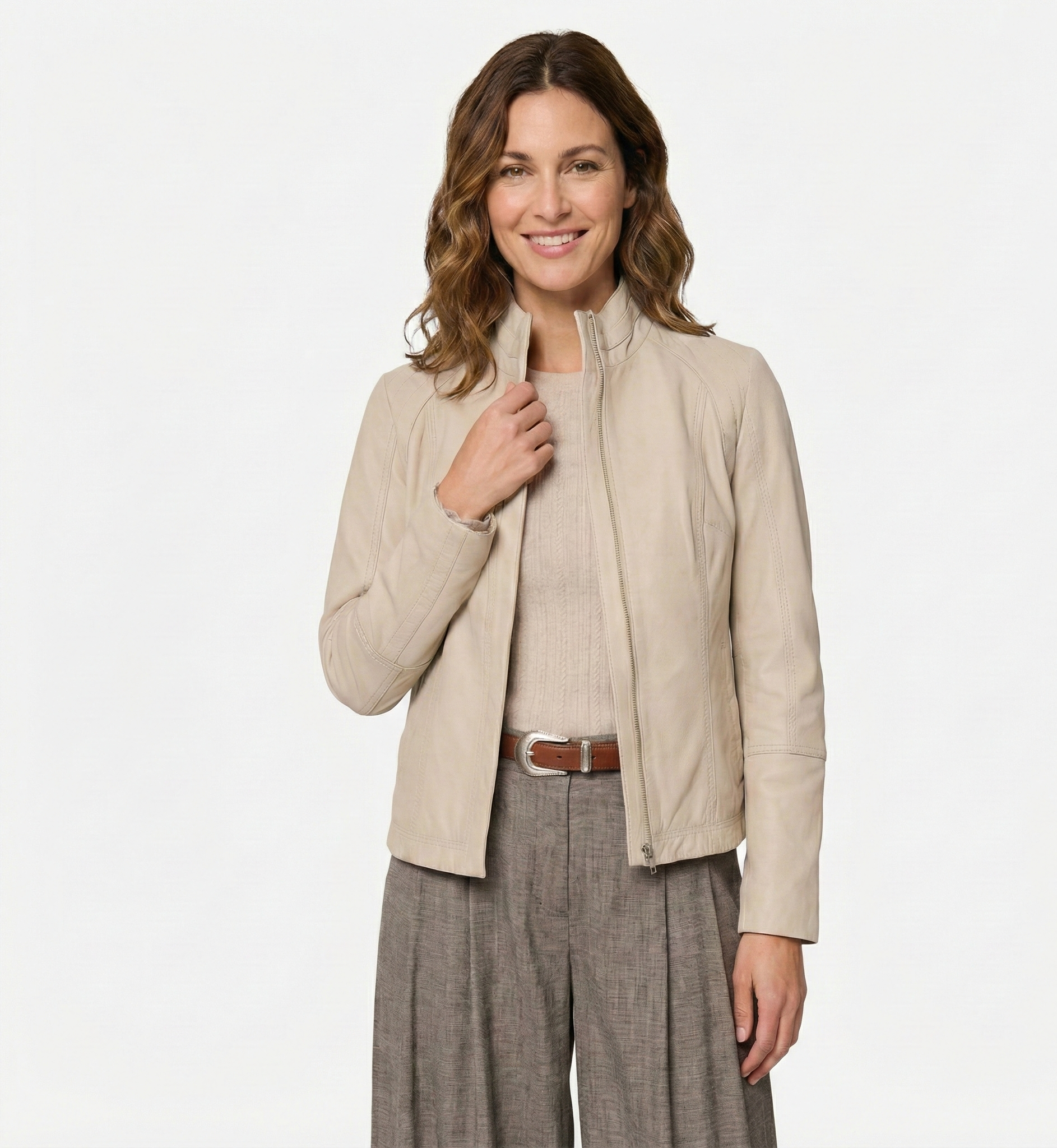 Women’s Beige Leather Jacket with Stand Collar