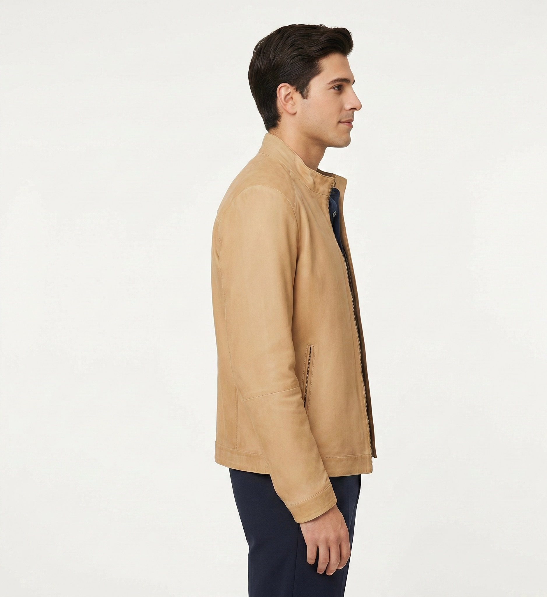 Men’s Tan Leather Jacket with Stand Collar