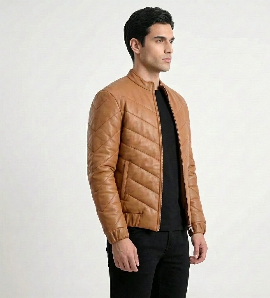Men’s Tan Quilted Leather Jacket – Zip Front Bomber
