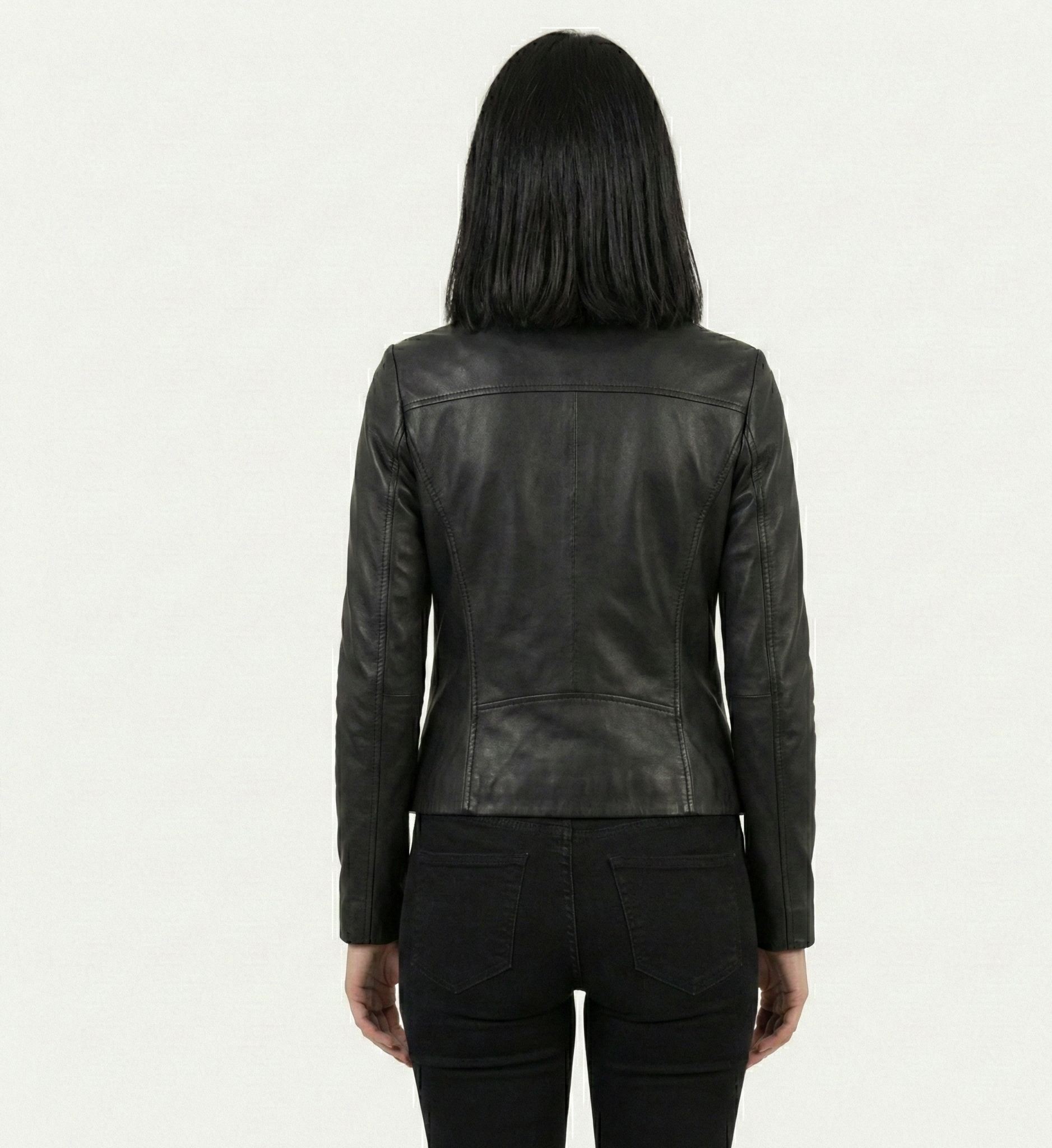 Classic Women’s Black Leather Jacket with Stand Collar