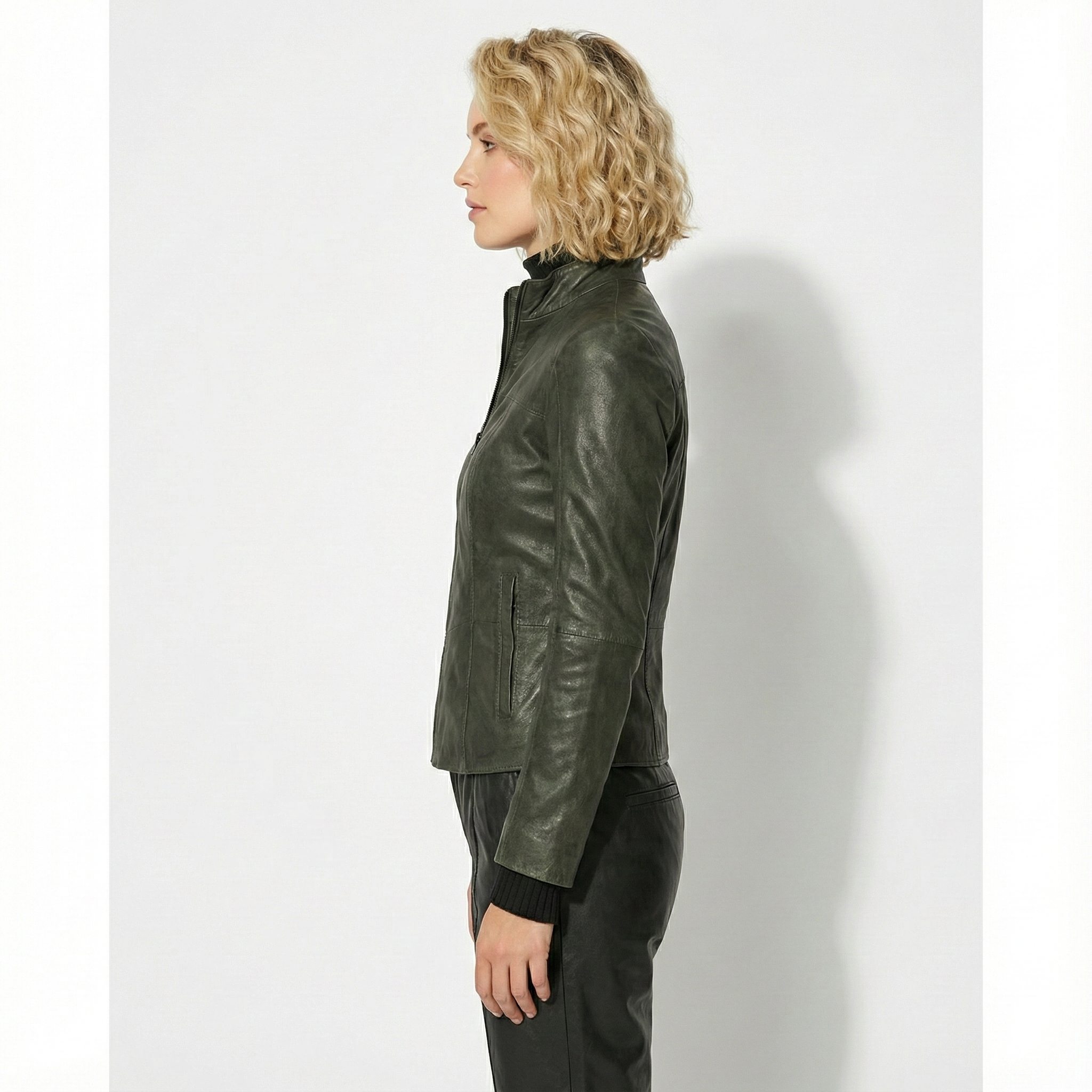 Women’s Dark Green Leather Jacket with Stand Collar