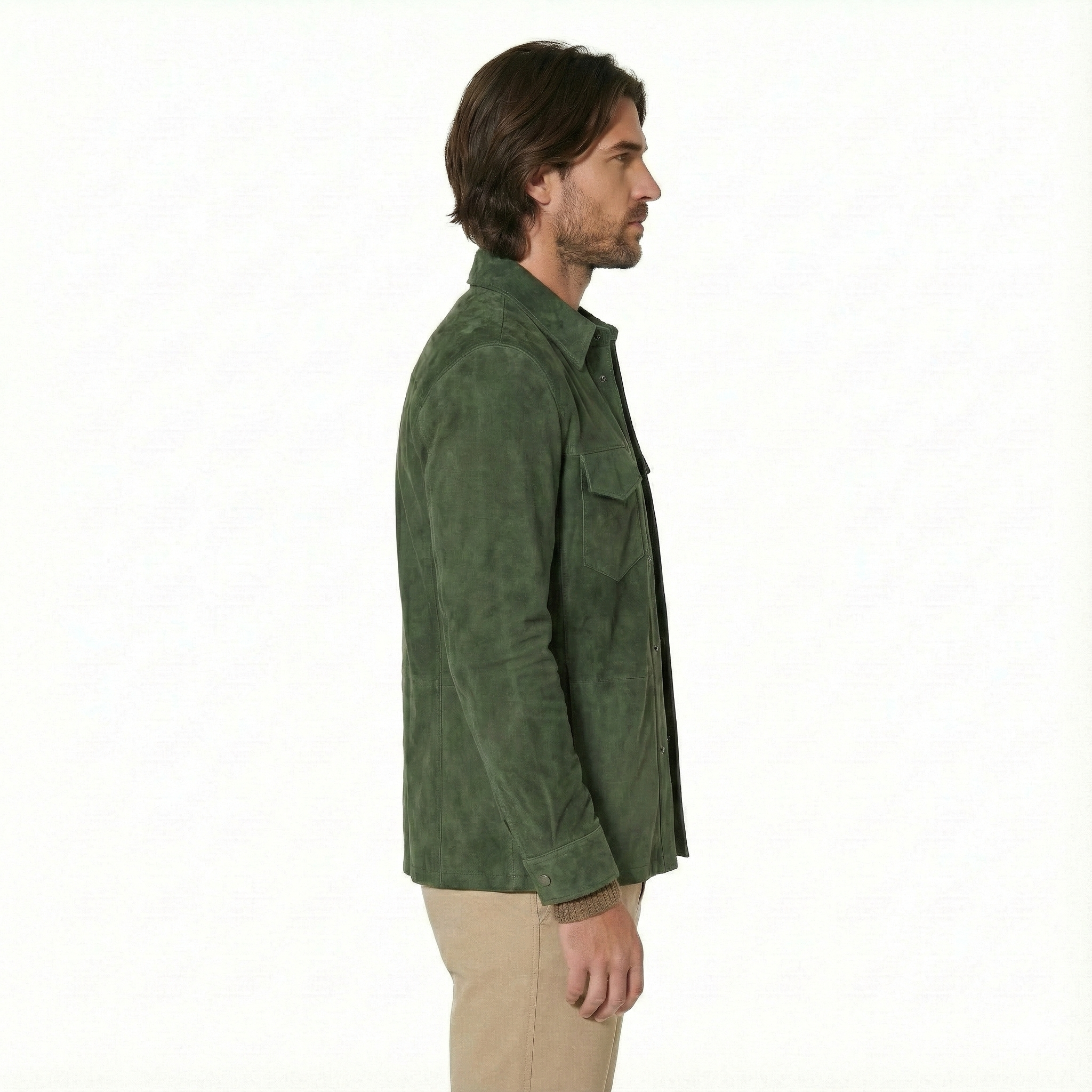 Men’s Olive Green Suede Shirt Jacket – Button Front