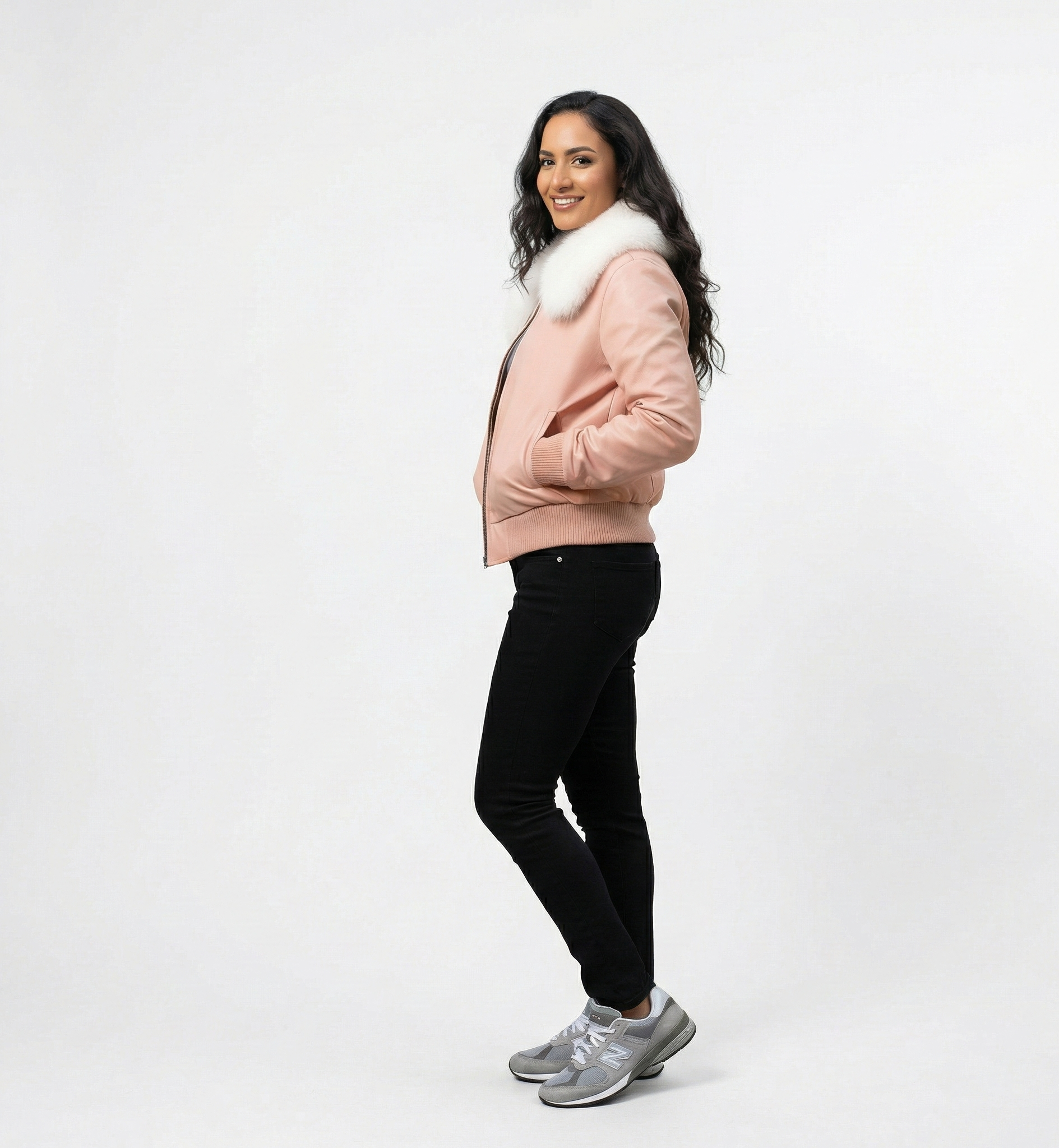 Women’s Pink Leather Jacket with Soft White Fur Collar