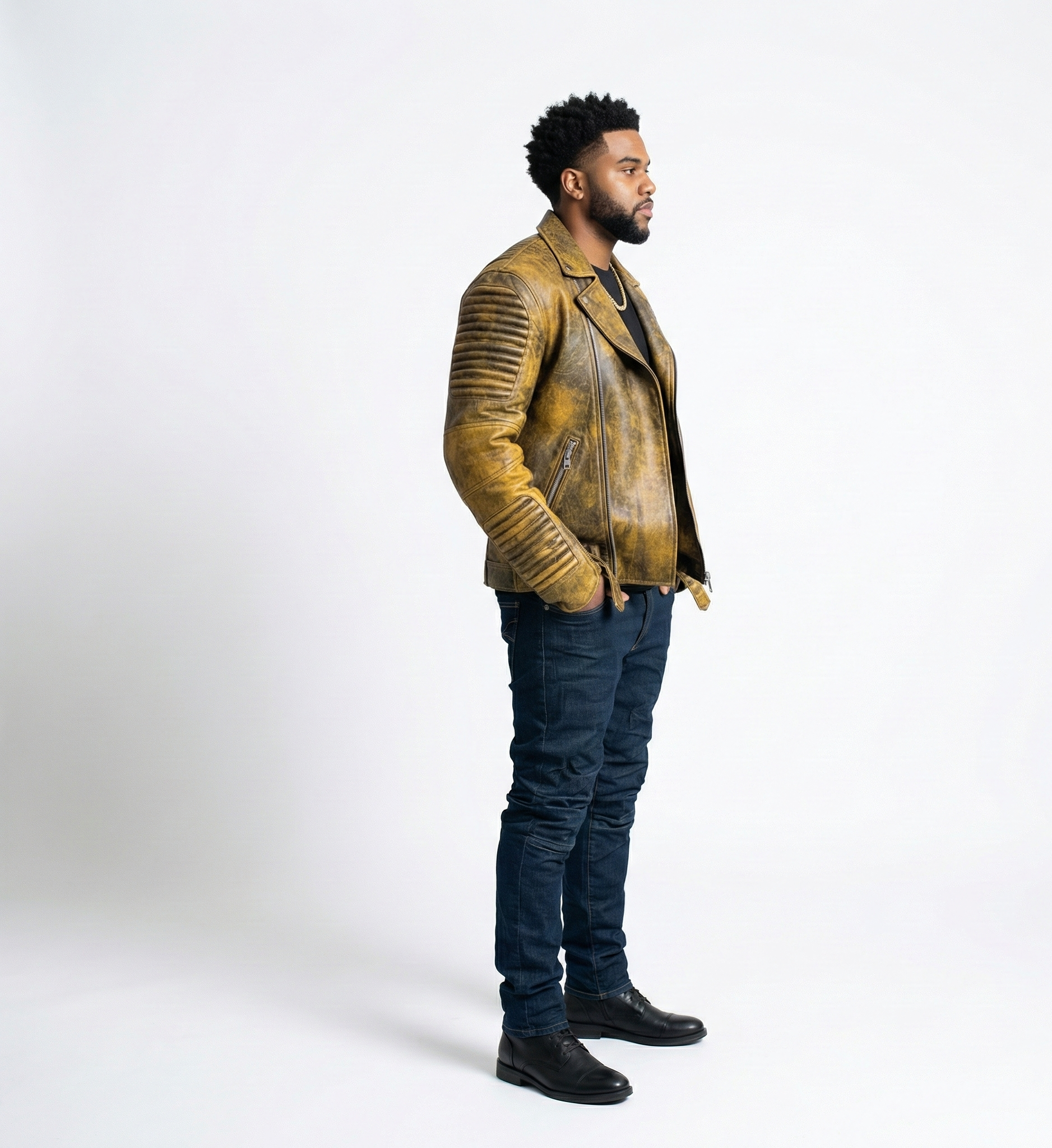 Men’s Distressed Yellow Leather Biker Jacket