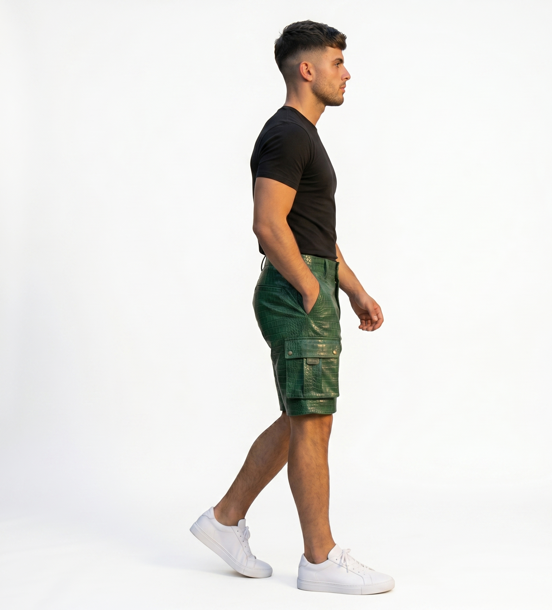 Men’s Green Crocodile Embossed Cargo Shorts – Designer Streetwear