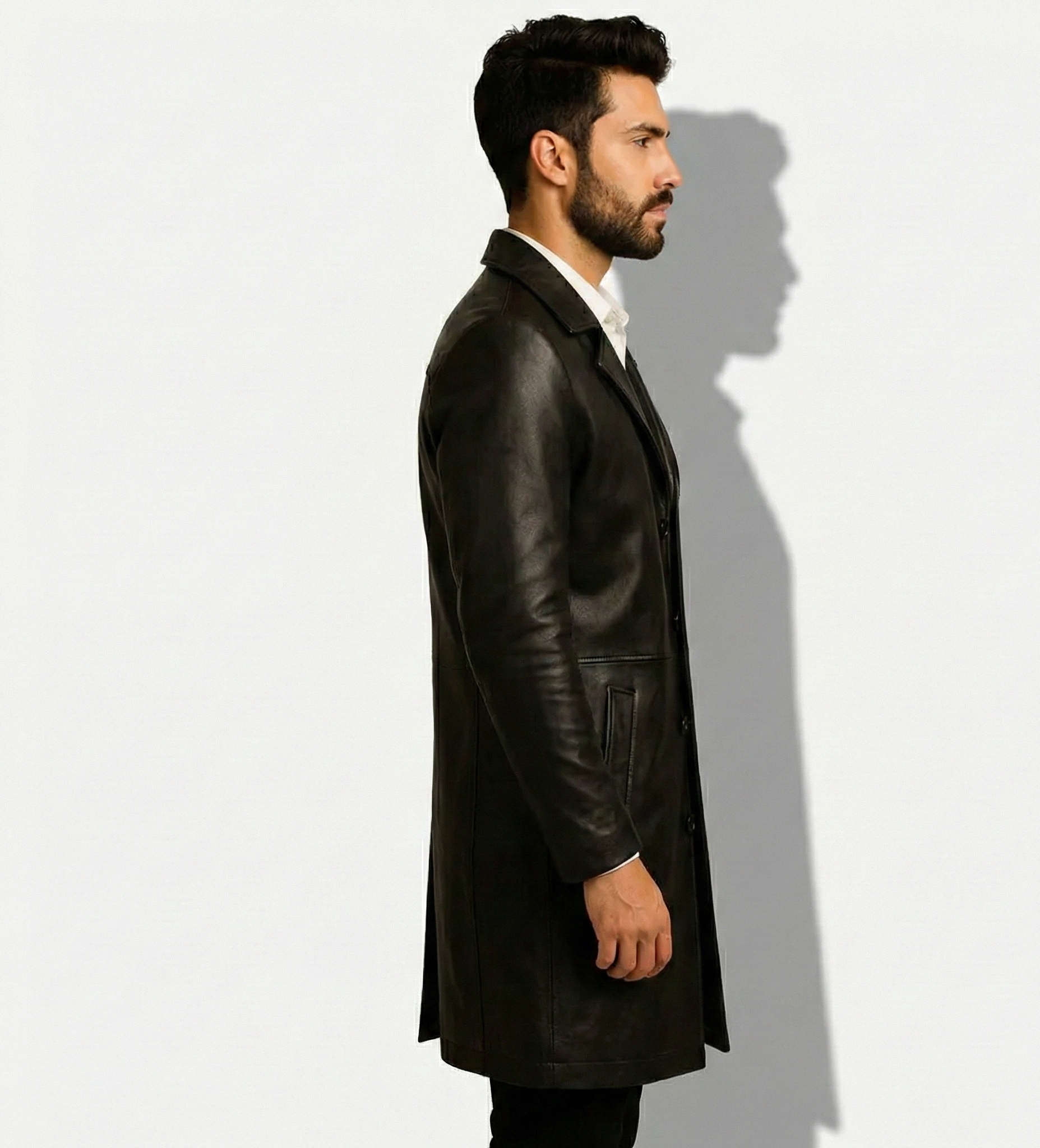 Men’s Black Leather Trench Coat – Classic Outerwear