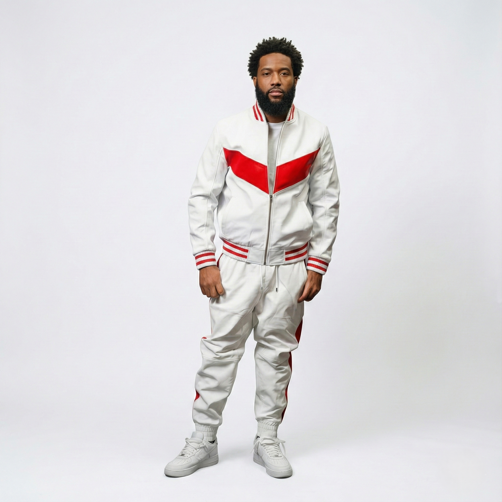 Men’s White & Red Leather Tracksuit Set – Streetwear Outfit