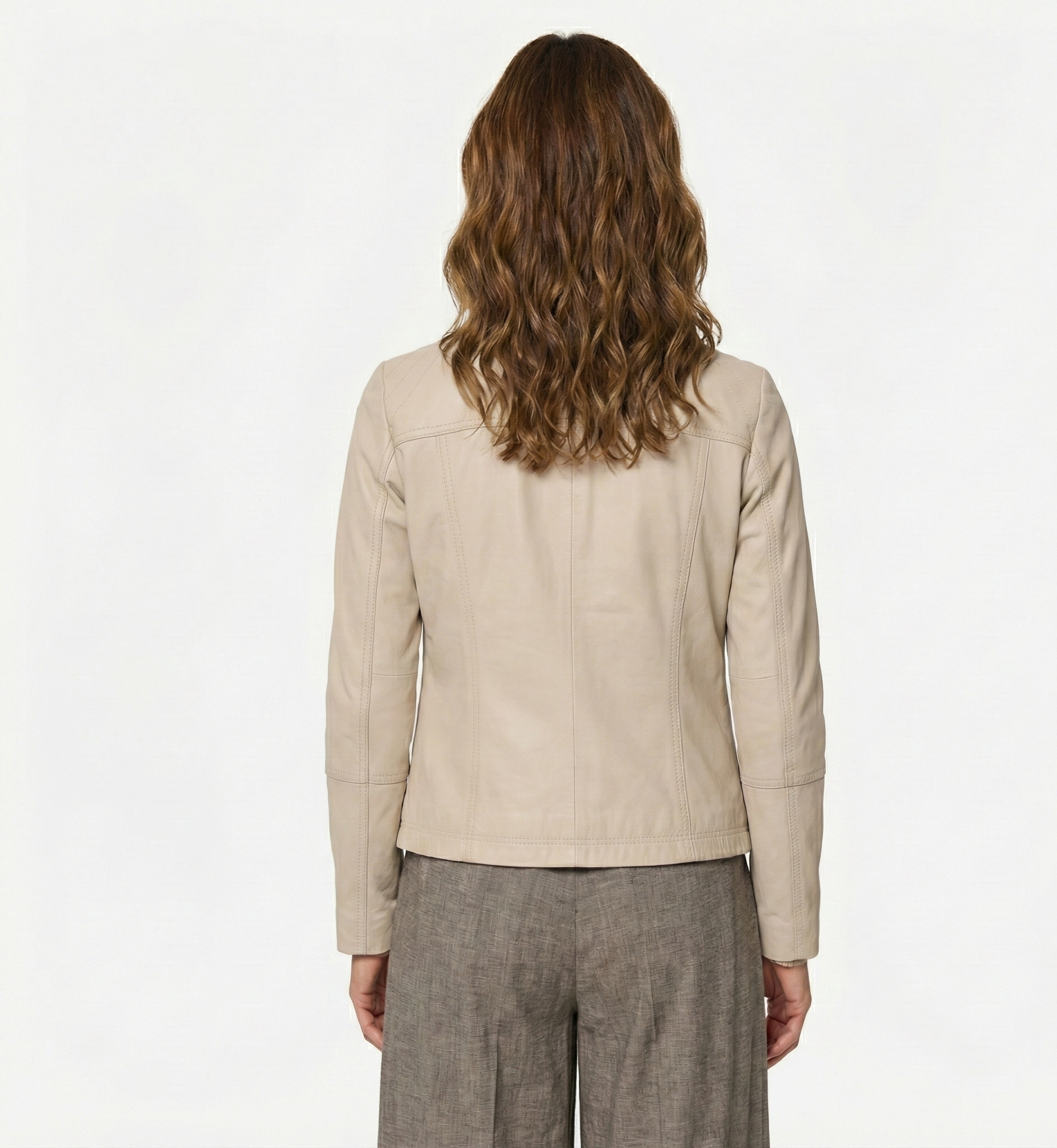 Women’s Beige Leather Jacket with Stand Collar