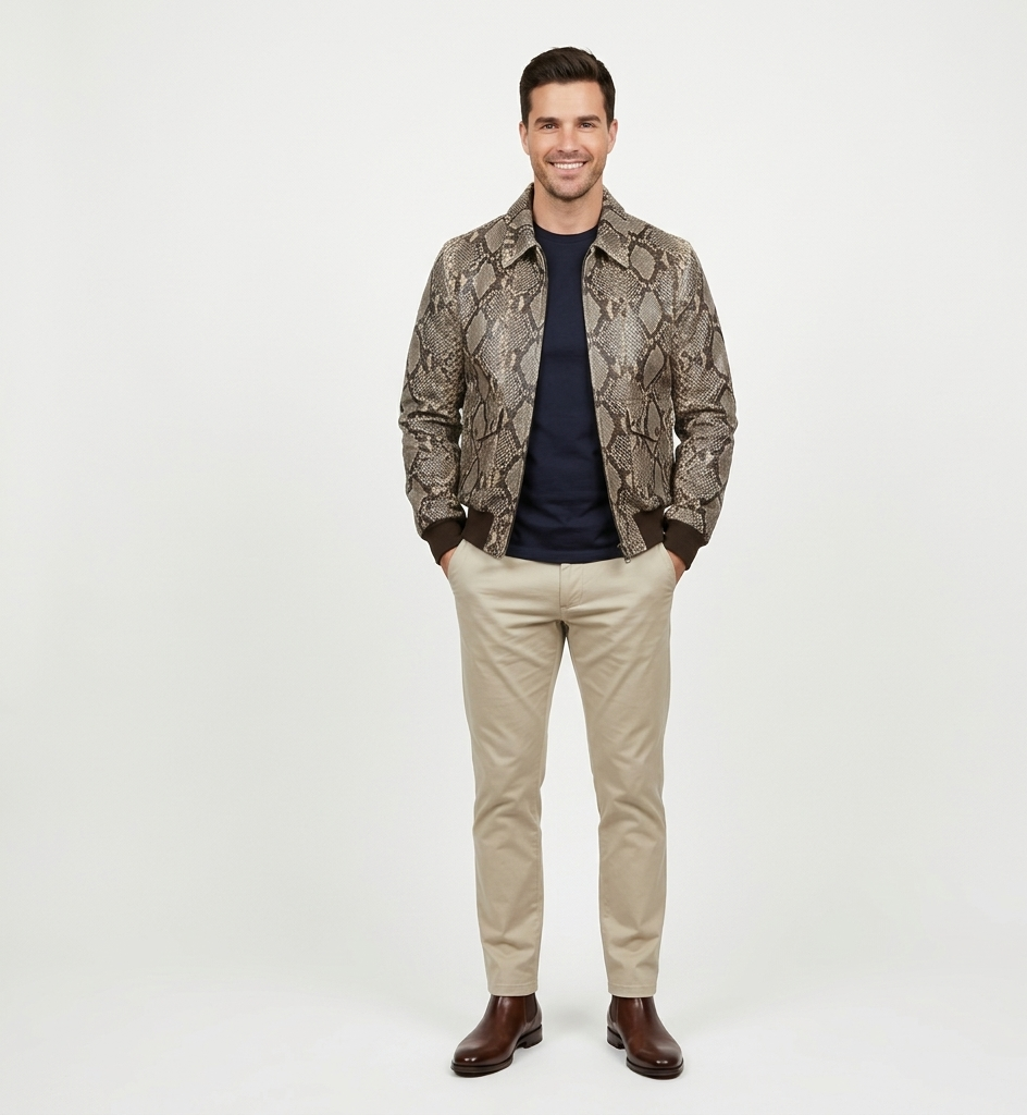 Men’s Python Print Leather Jacket – Stylish Brown Designer Outerwear