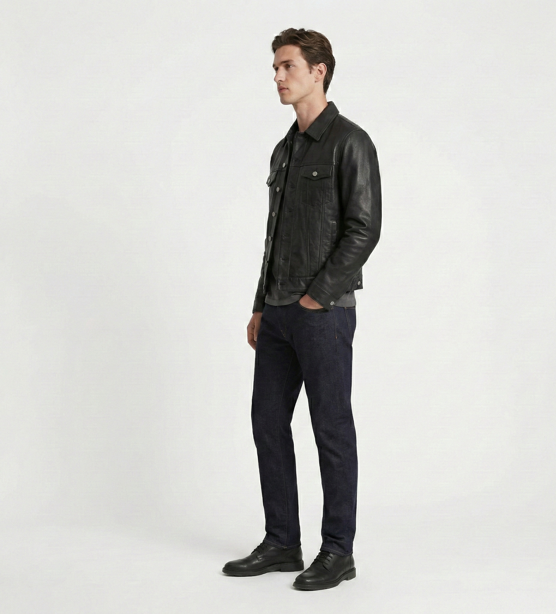 Men’s Black Leather Trucker Jacket – Classic Button Front Style