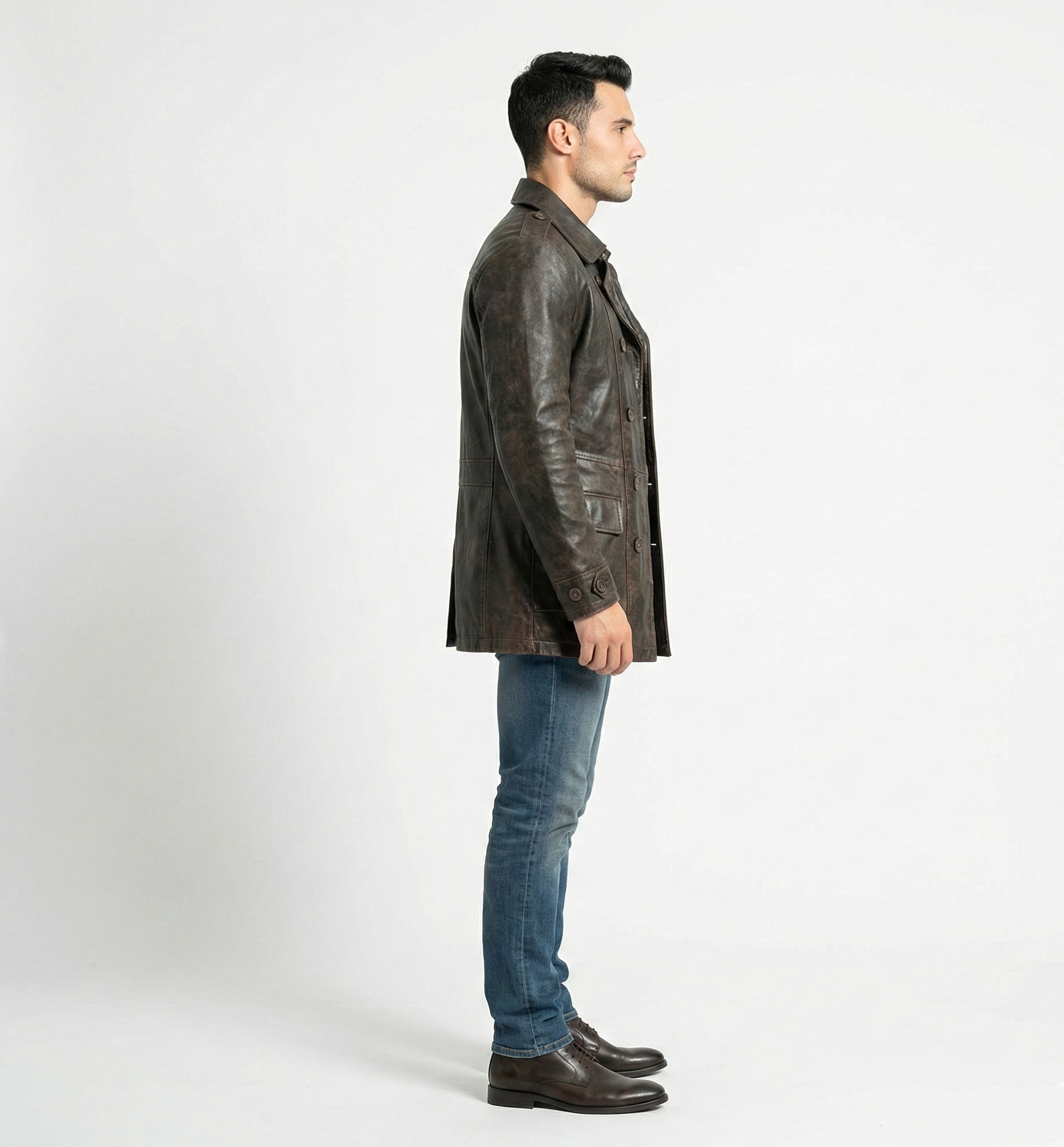 Men’s Brown Distressed Leather Trench Coat – Mid-Length Outerwear