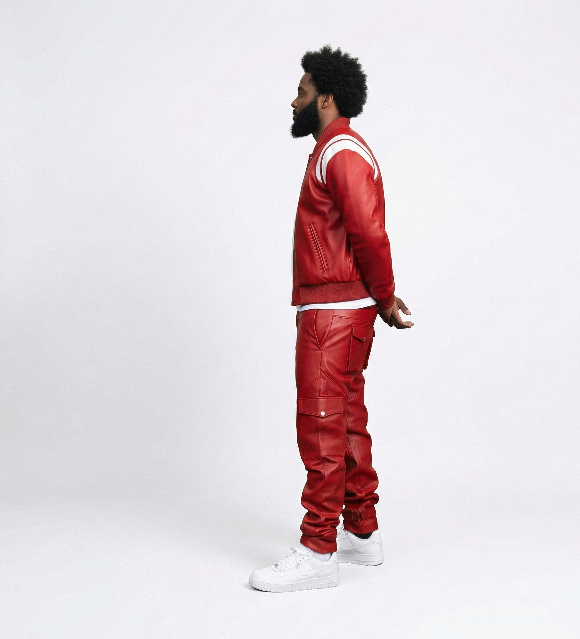 Men’s Red Leather Two-Piece Outfit Set with Jacket and Cargo Pants