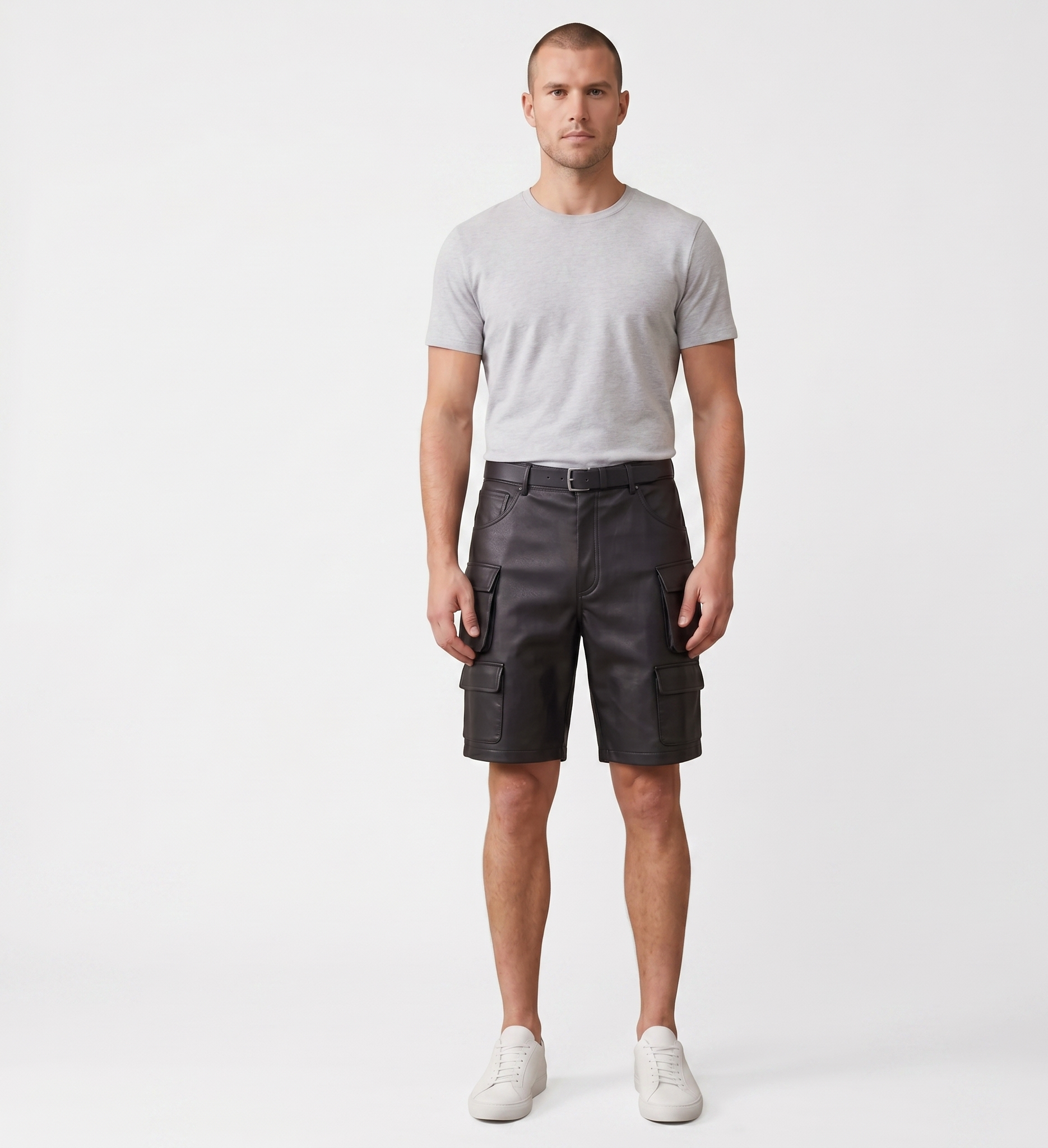 Men’s Black Leather Cargo Shorts – Casual Streetwear Utility Shorts