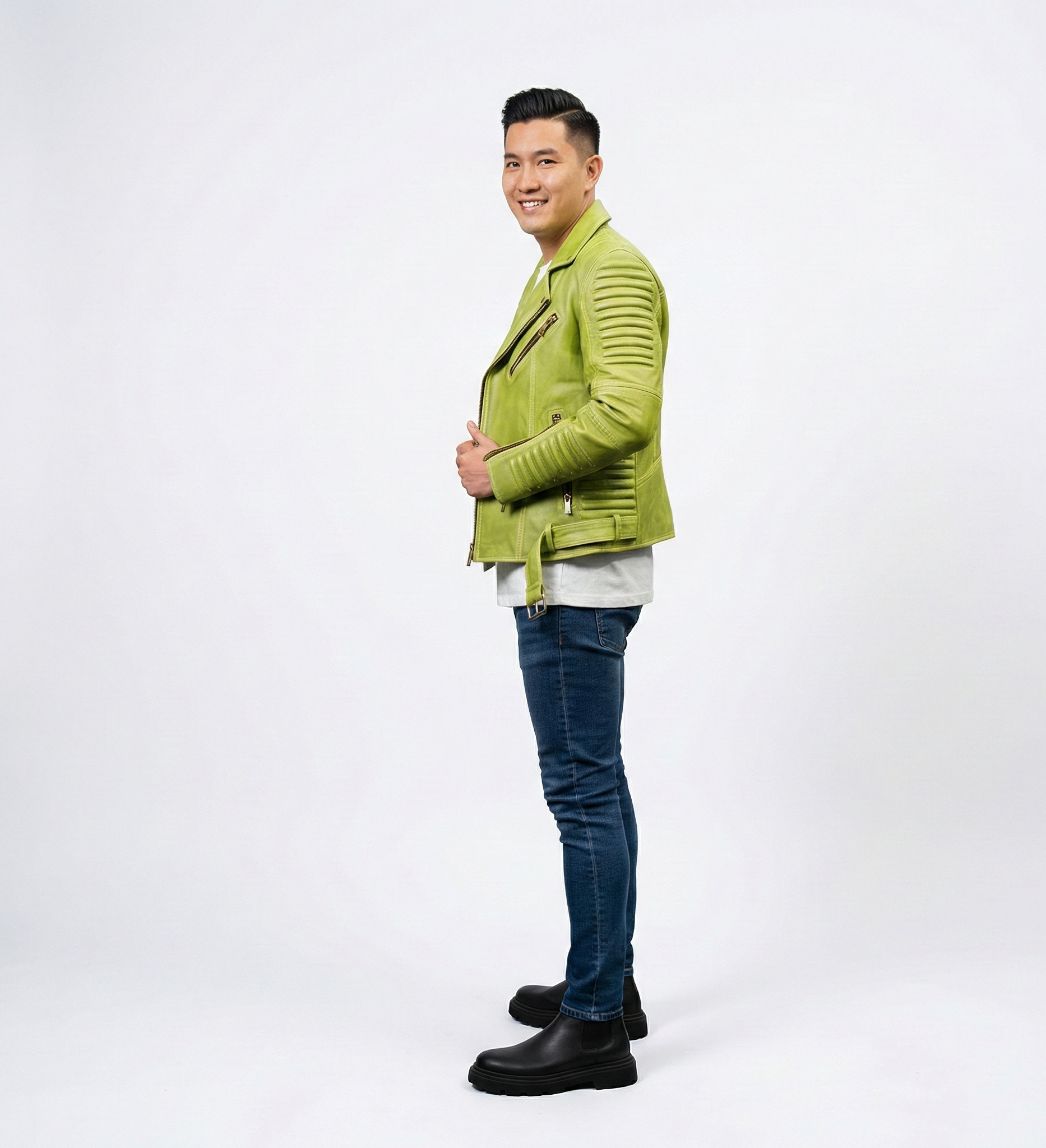 Men’s Green Leather Moto Jacket with Ribbed Sleeves – Contemporary Biker Fashion