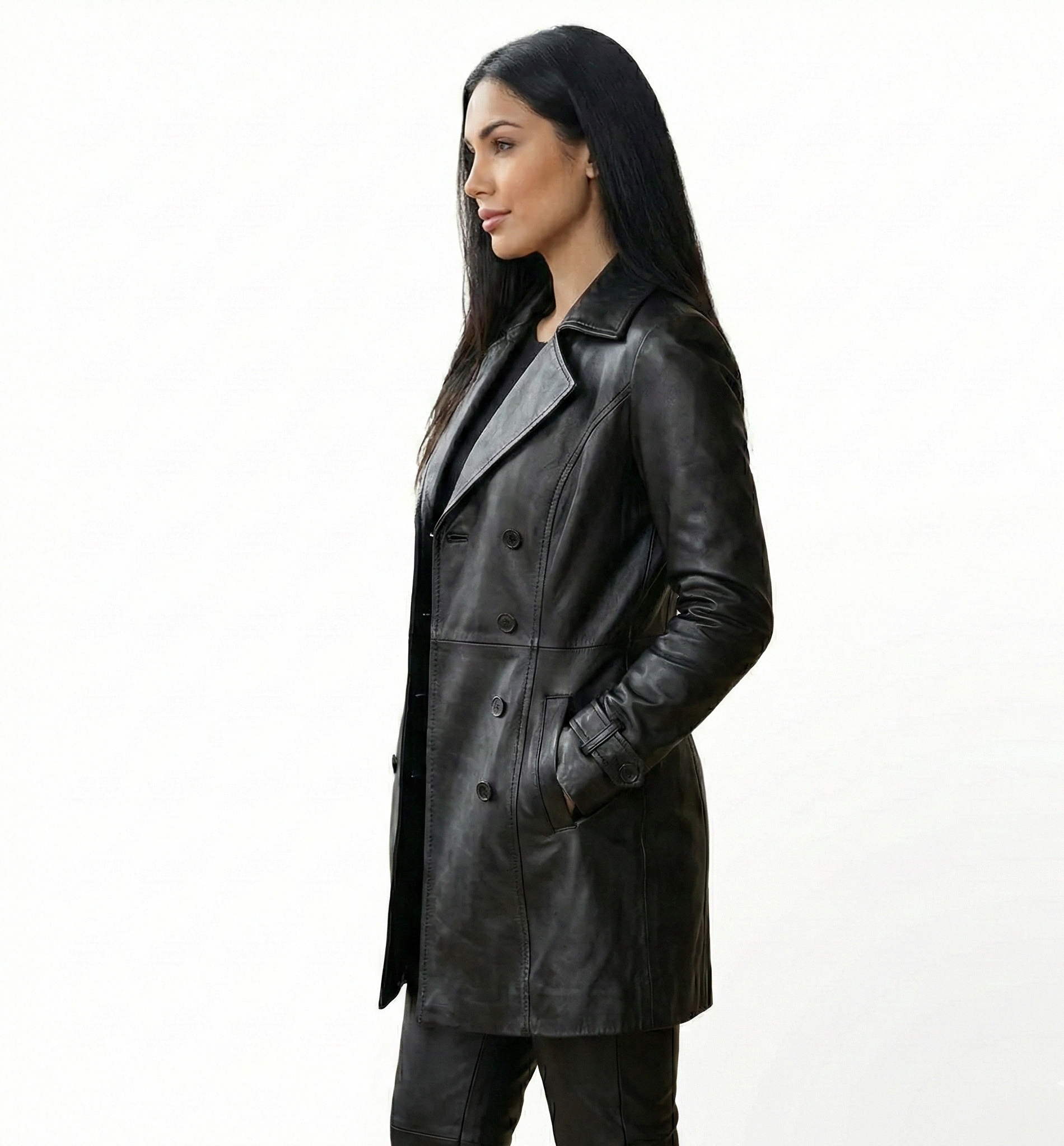 Women’s Black Leather Trench Coat – Modern Tailored Fit