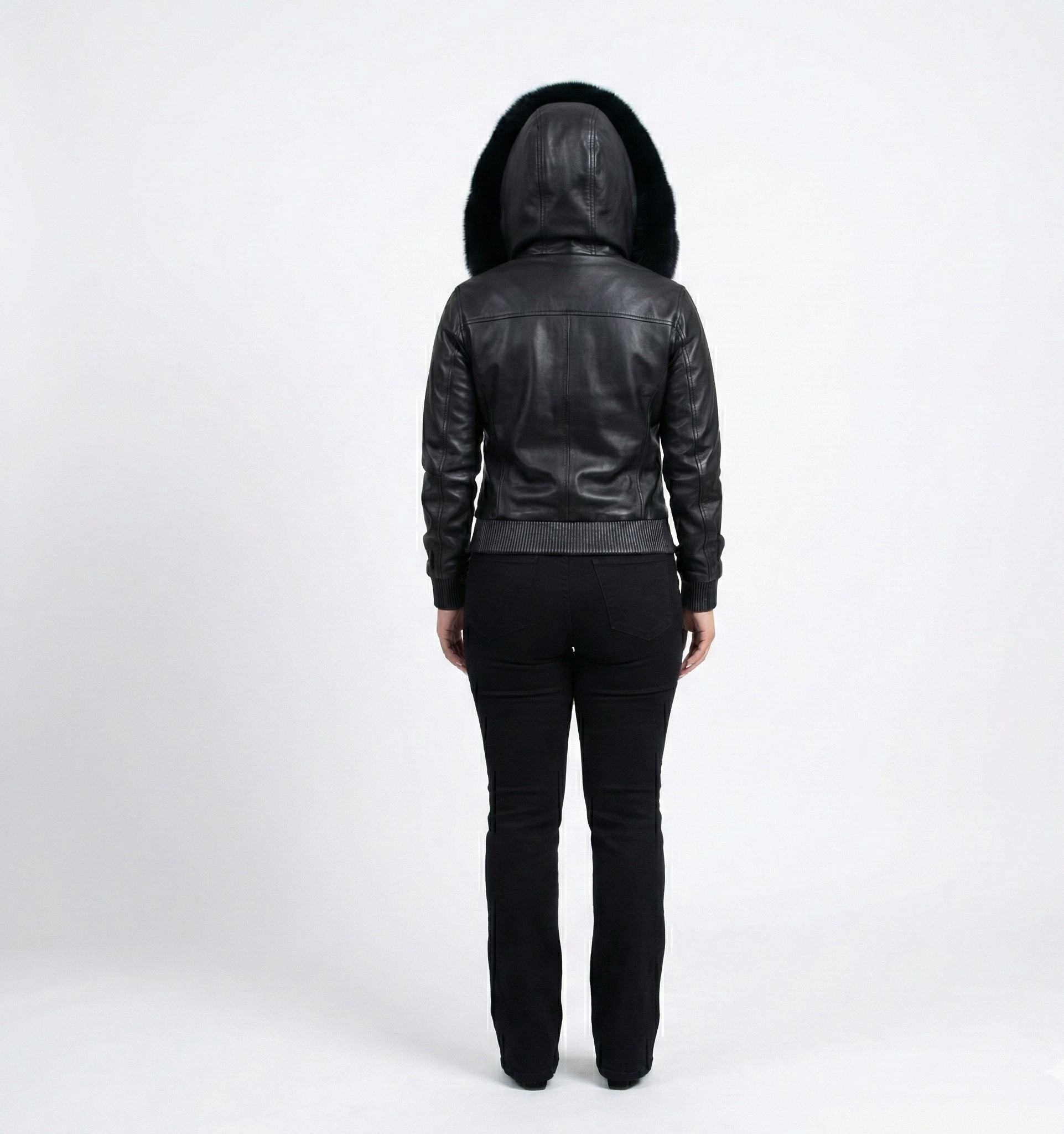 Women’s Black Leather Winter Jacket with Fur Hood