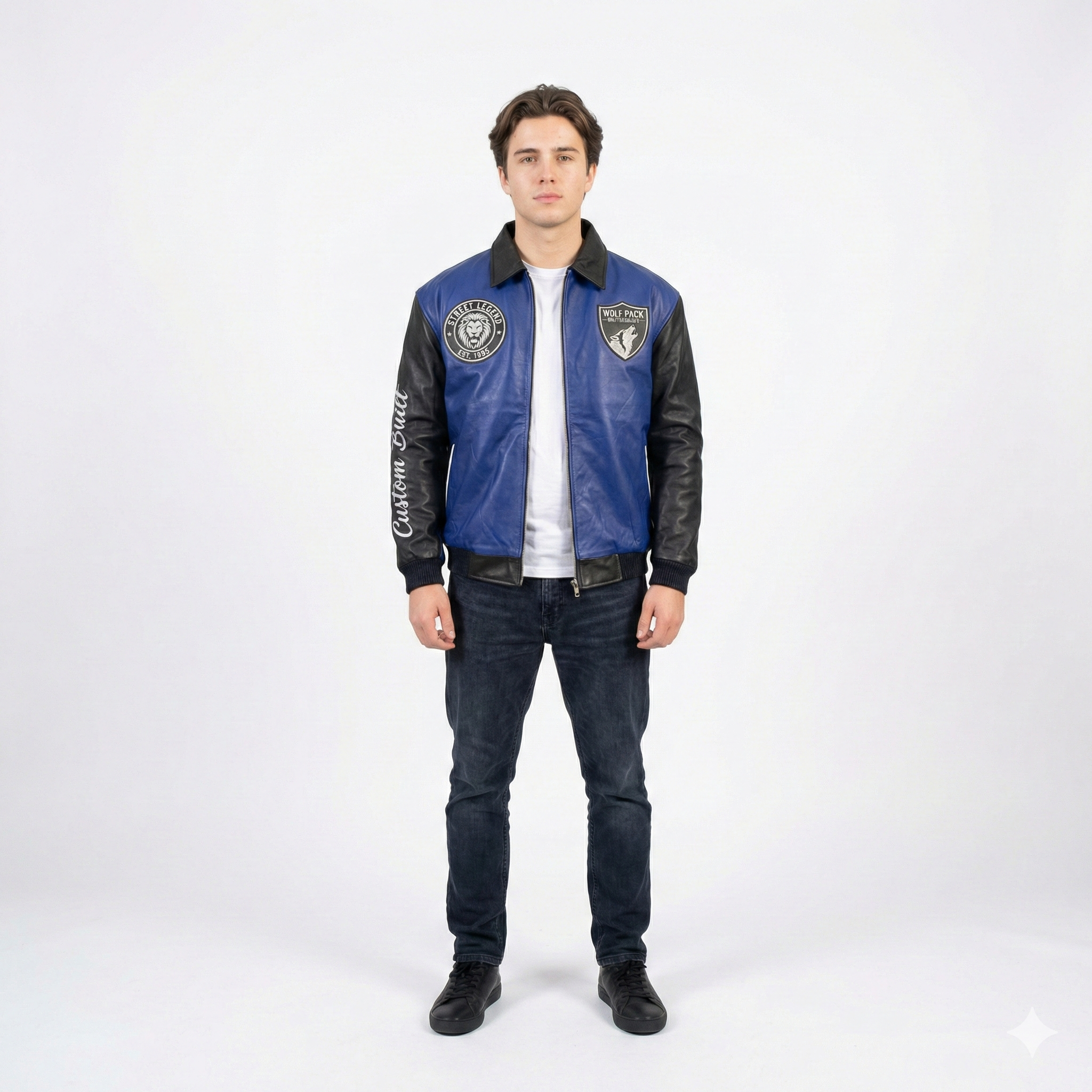 Men’s Blue & Black Varsity Leather Jacket – Wolf Pack Streetwear Style