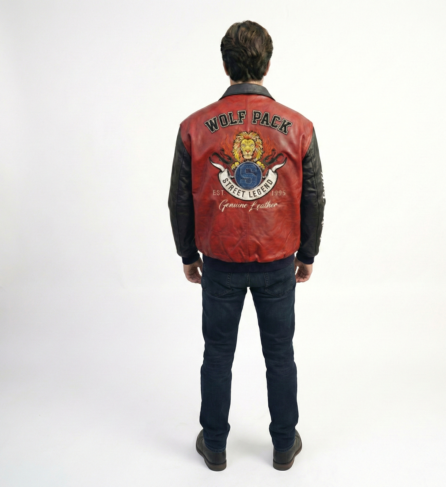 Men’s Red & Black Varsity Leather Jacket – Wolf Pack Streetwear