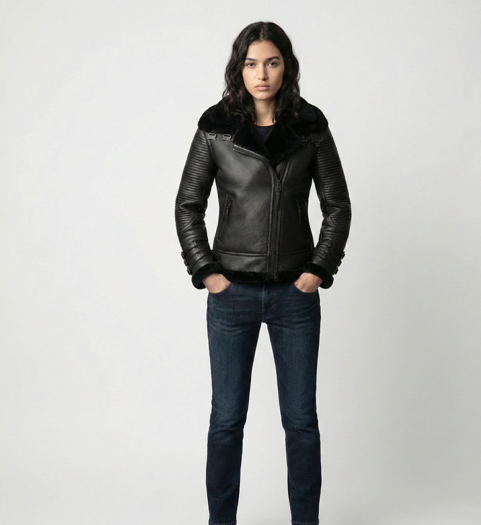 Women’s Black Shearling Biker Jacket with Zip Front & Ribbed Sleeves