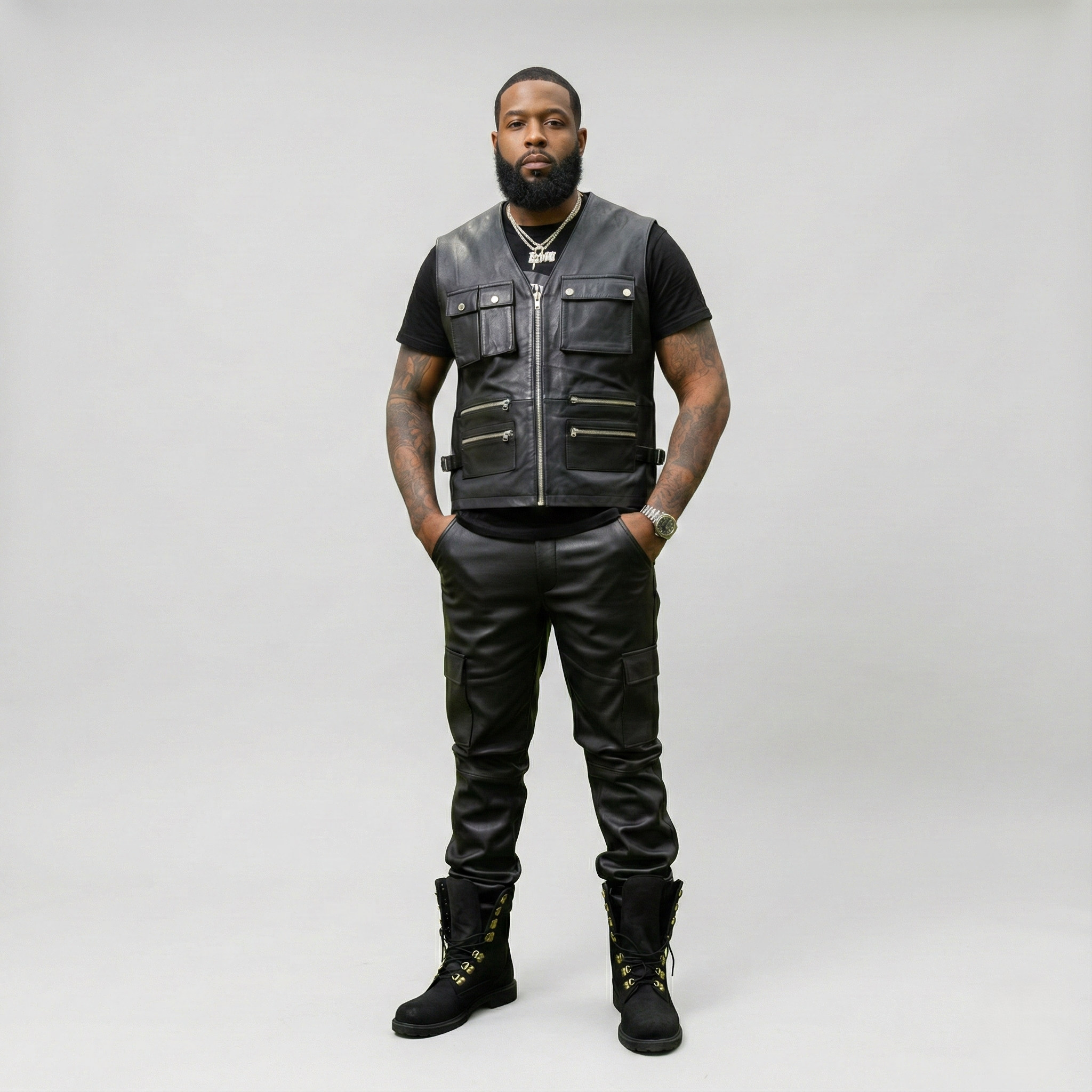 Men’s Black Leather Vest & Pants Set –Casual Streetwear Outfit