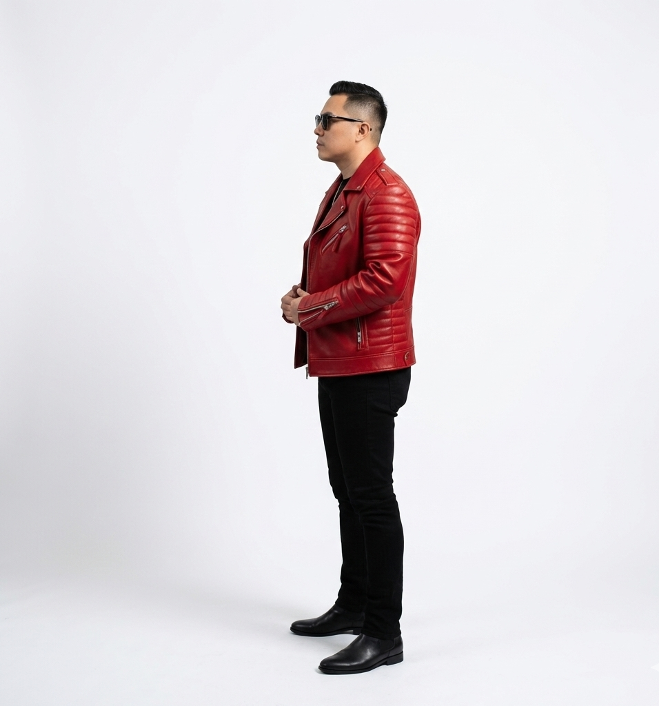 Men’s Red Leather Biker Jacket with Quilted Sleeves – Bold Modern Motorcycle Style