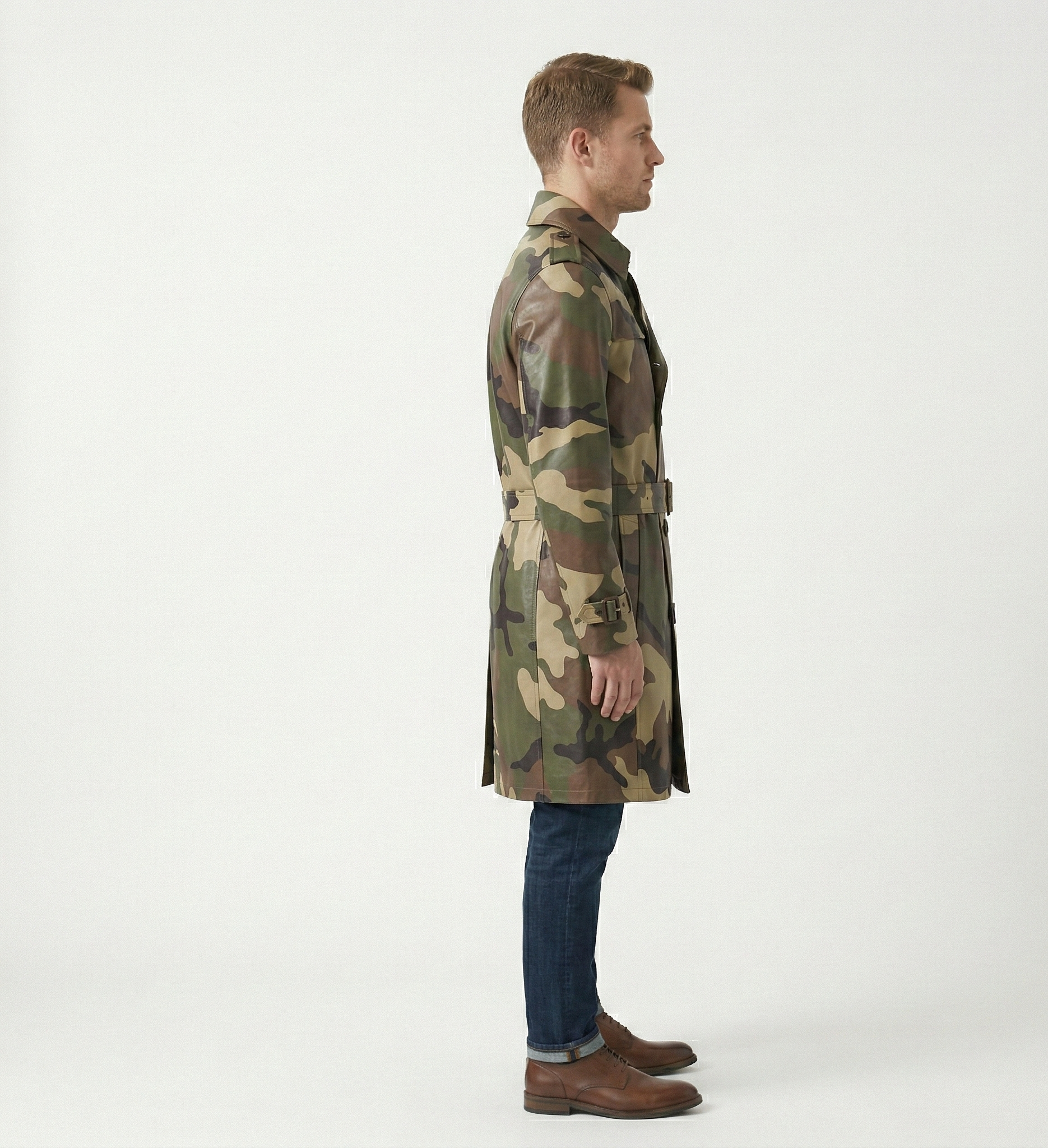 Men’s Camouflage Trench Coat – Military Style Belted Designer Overcoat