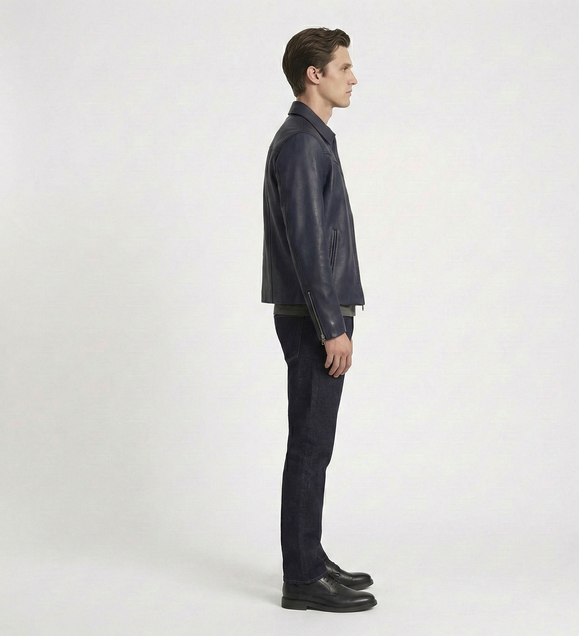 Men’s Navy Leather Zip Jacket – Slim Fit Outerwear