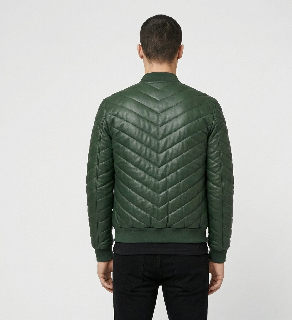 Men’s Green Quilted Leather Jacket – Zip Front Bomber