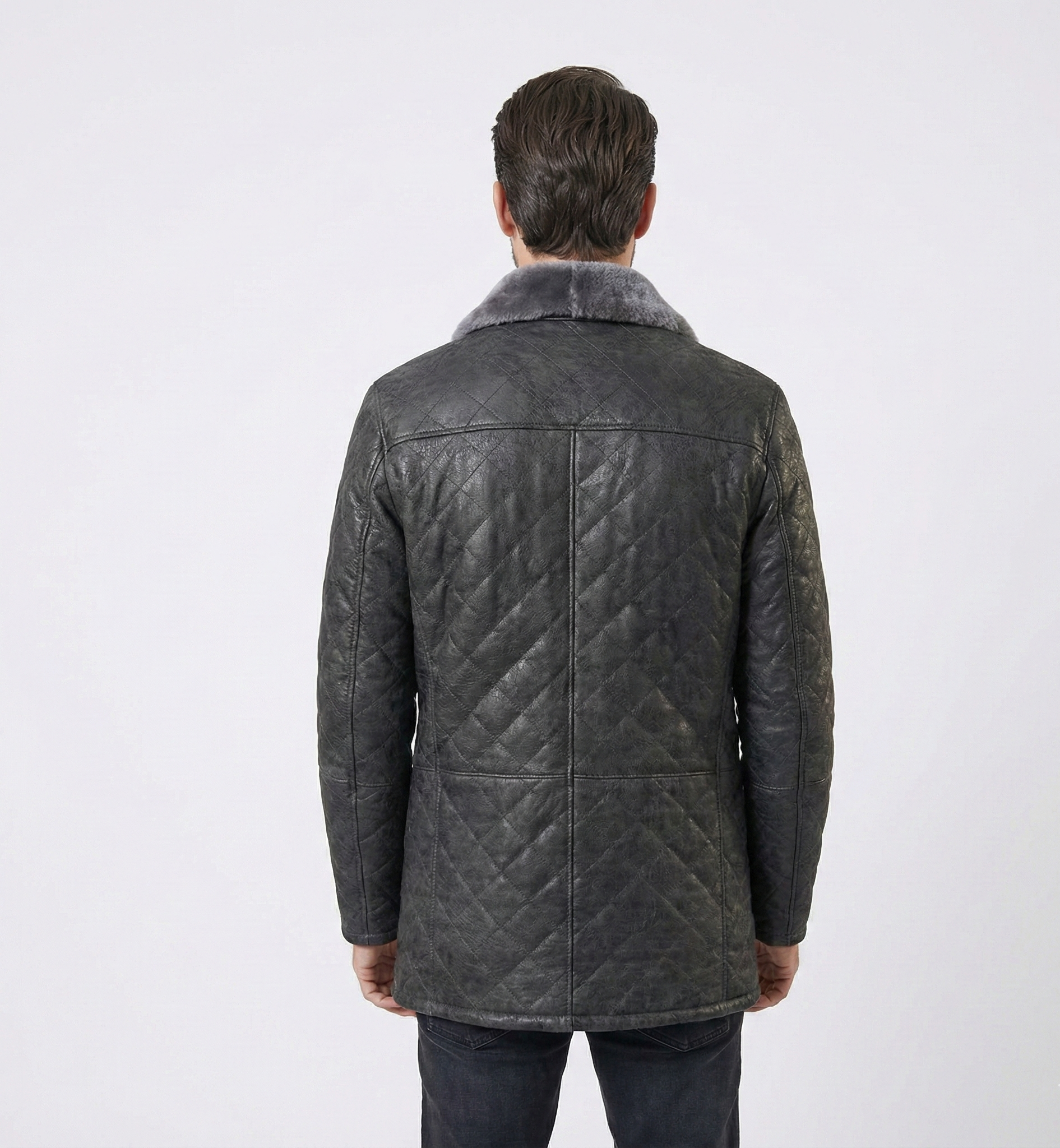 Men’s Quilted Shearling Collar Jacket – Black Mid-Length Winter Coat