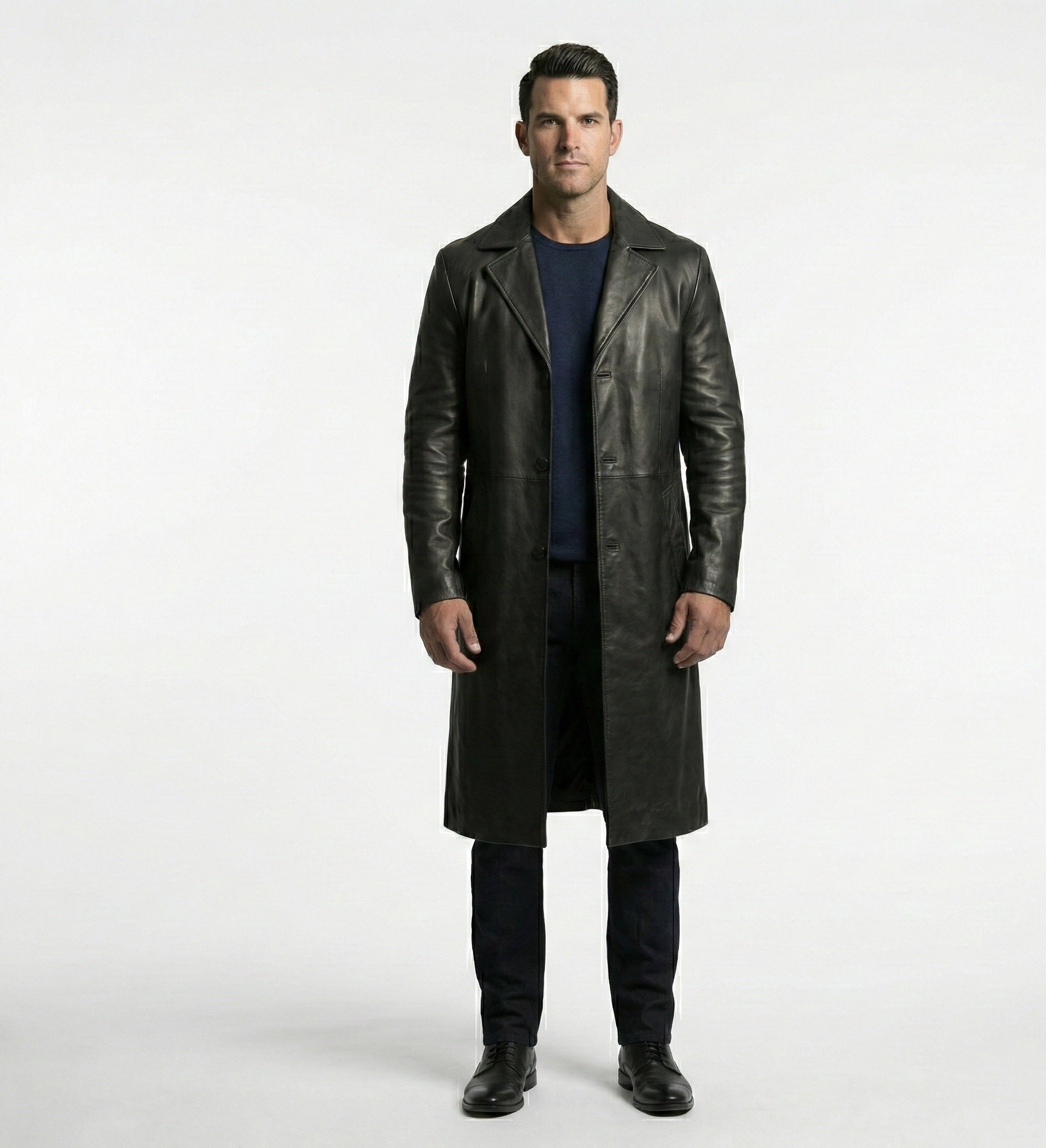 Men’s Black Leather Trench Coat – Classic Outerwear
