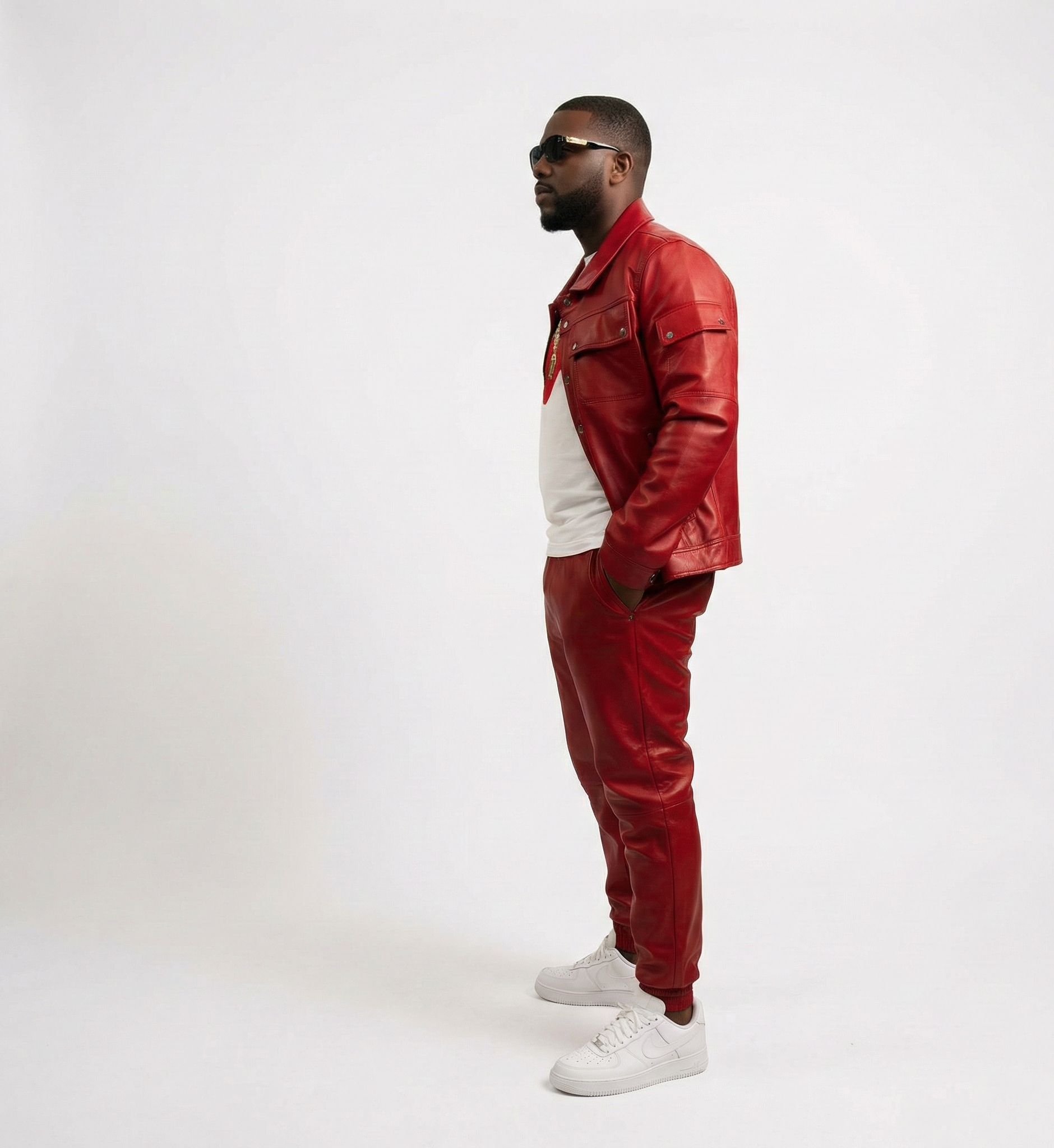 Men’s Red Leather Jacket & Cargo Pants Set – Two-Piece Outfit