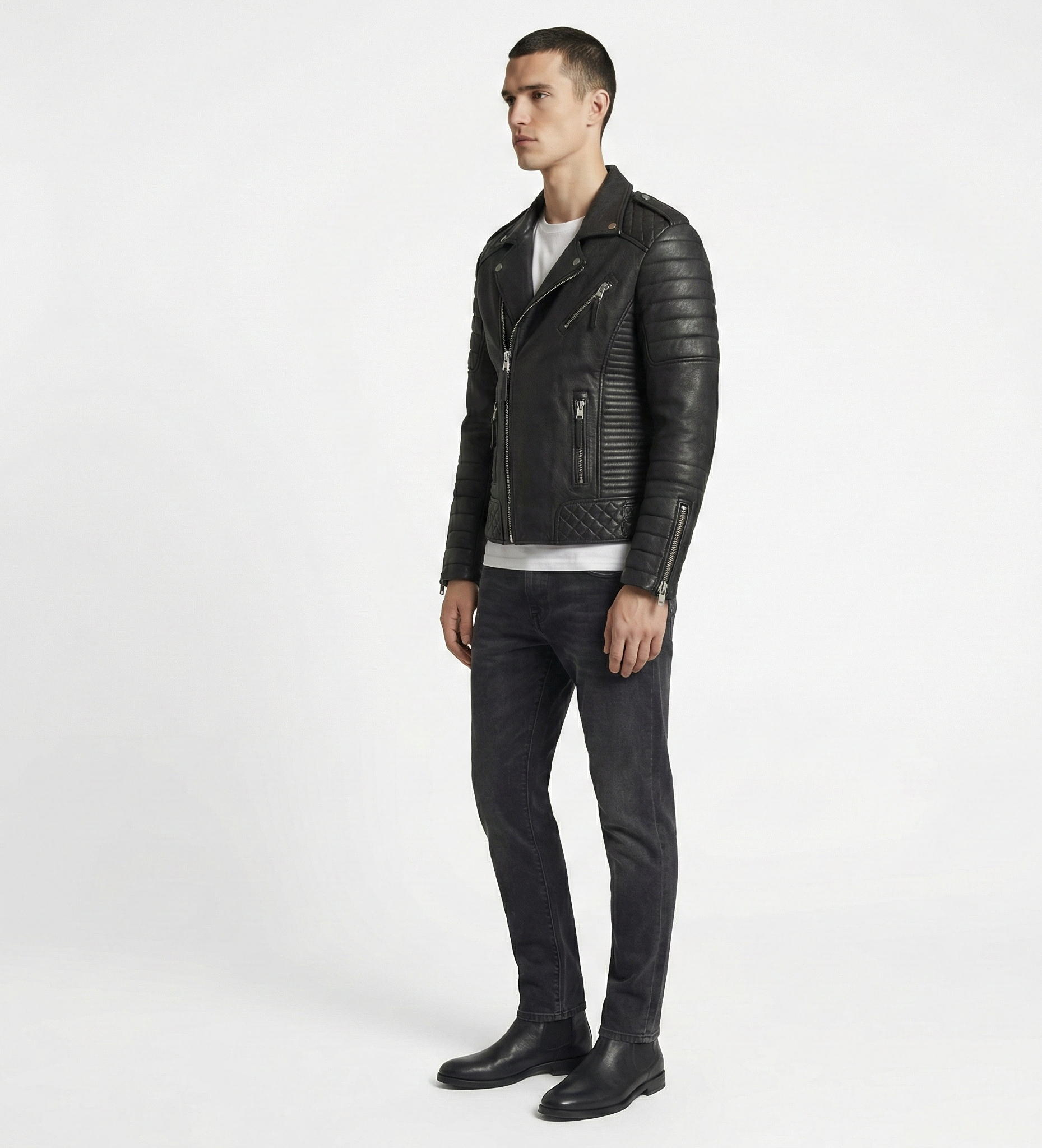 Men’s Black Leather Biker Jacket – Slim Moto Fit