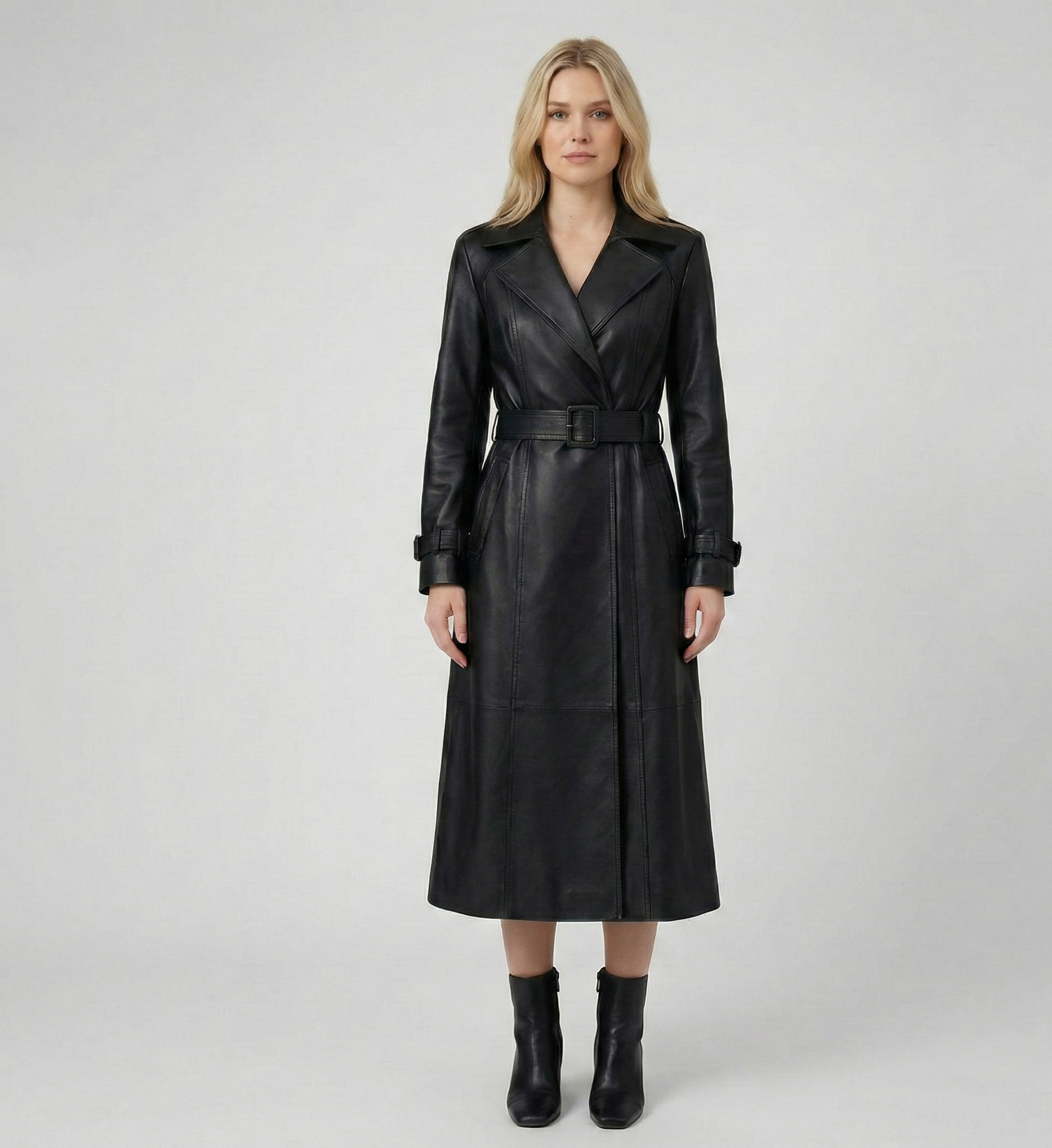 Women’s Black Leather Trench Coat – Midi Length