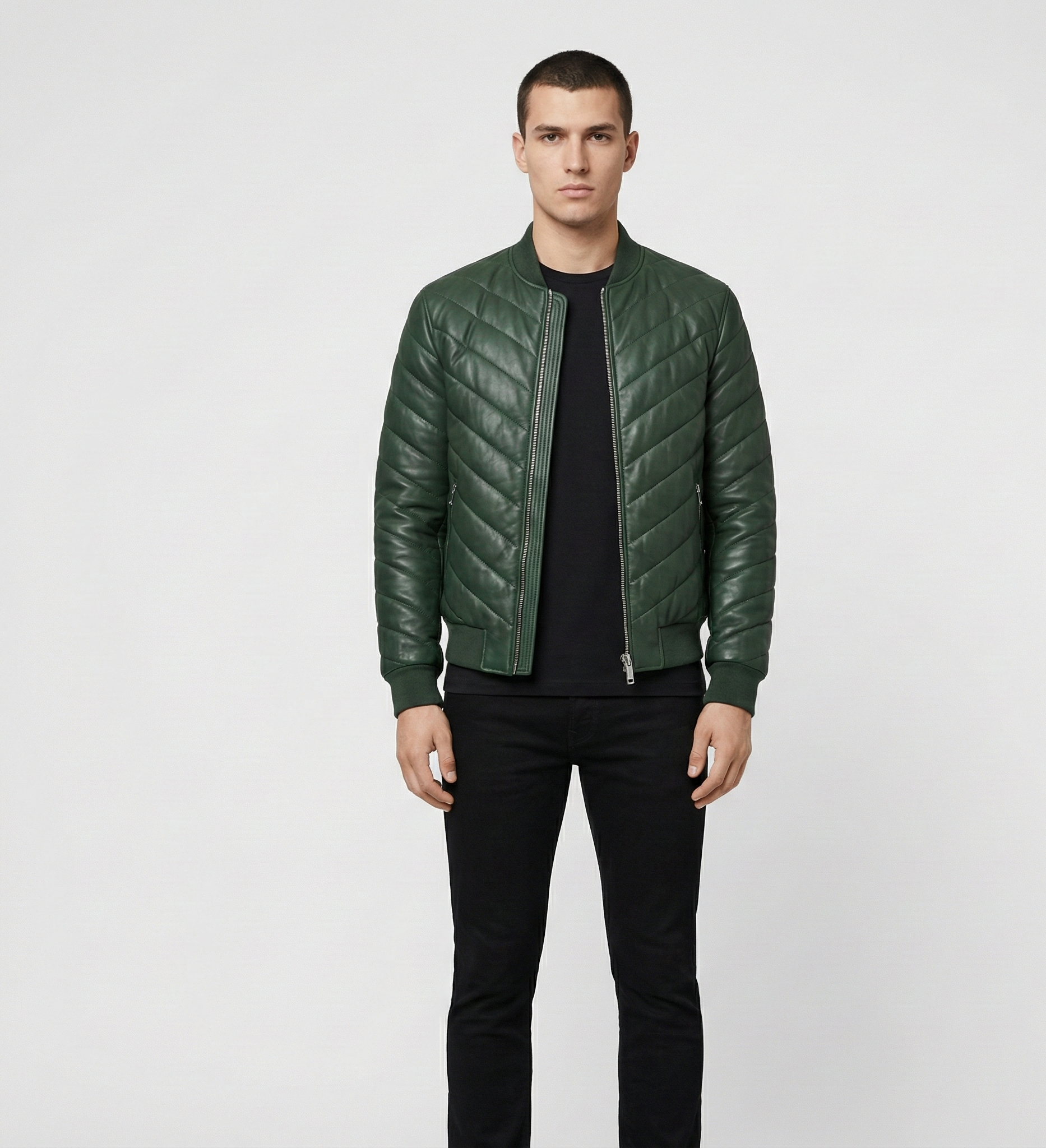 Men’s Green Quilted Leather Jacket – Zip Front Bomber