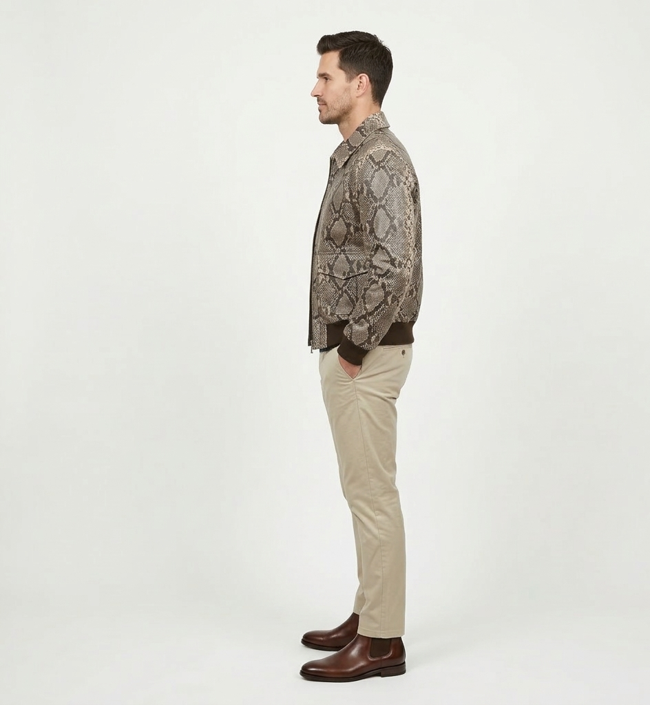 Men’s Python Print Leather Jacket – Stylish Brown Designer Outerwear
