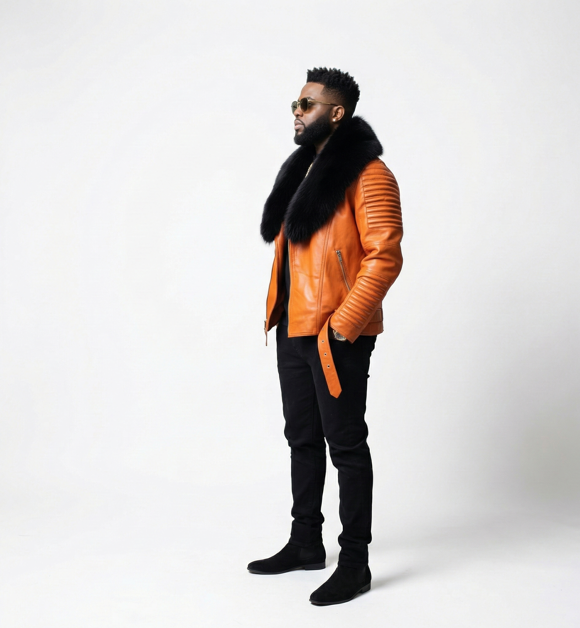 Men’s Orange Leather Biker Jacket with Fur Collar – Bold Streetwear Outerwear