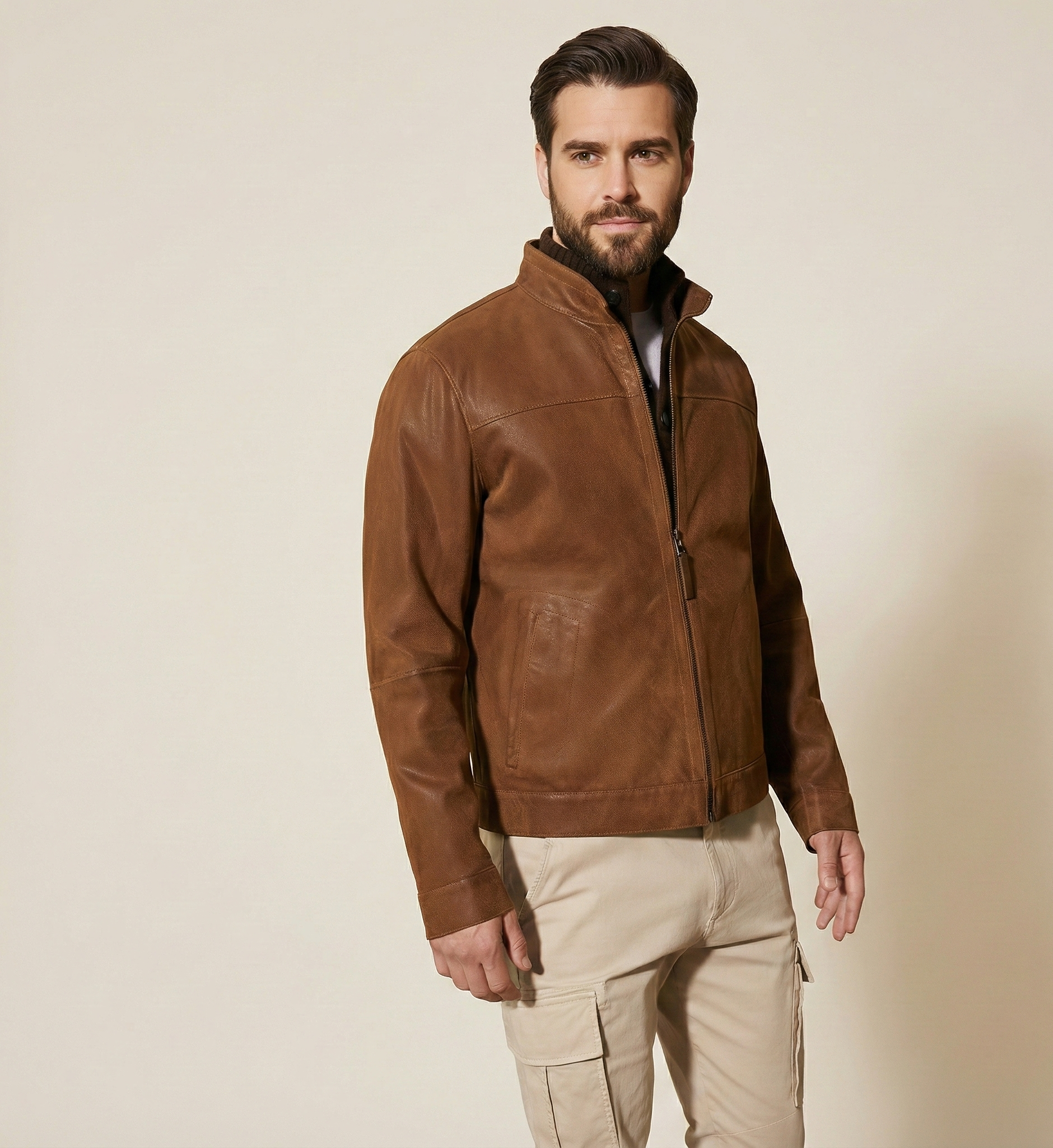 Men’s Brown Leather Jacket with Stand Collar