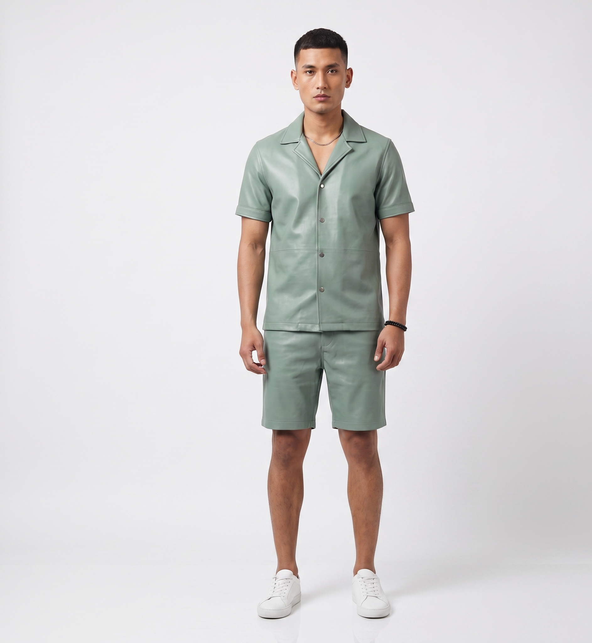 Men’s Green Real Leather Shirt and Shorts Set – Luxury Streetwear