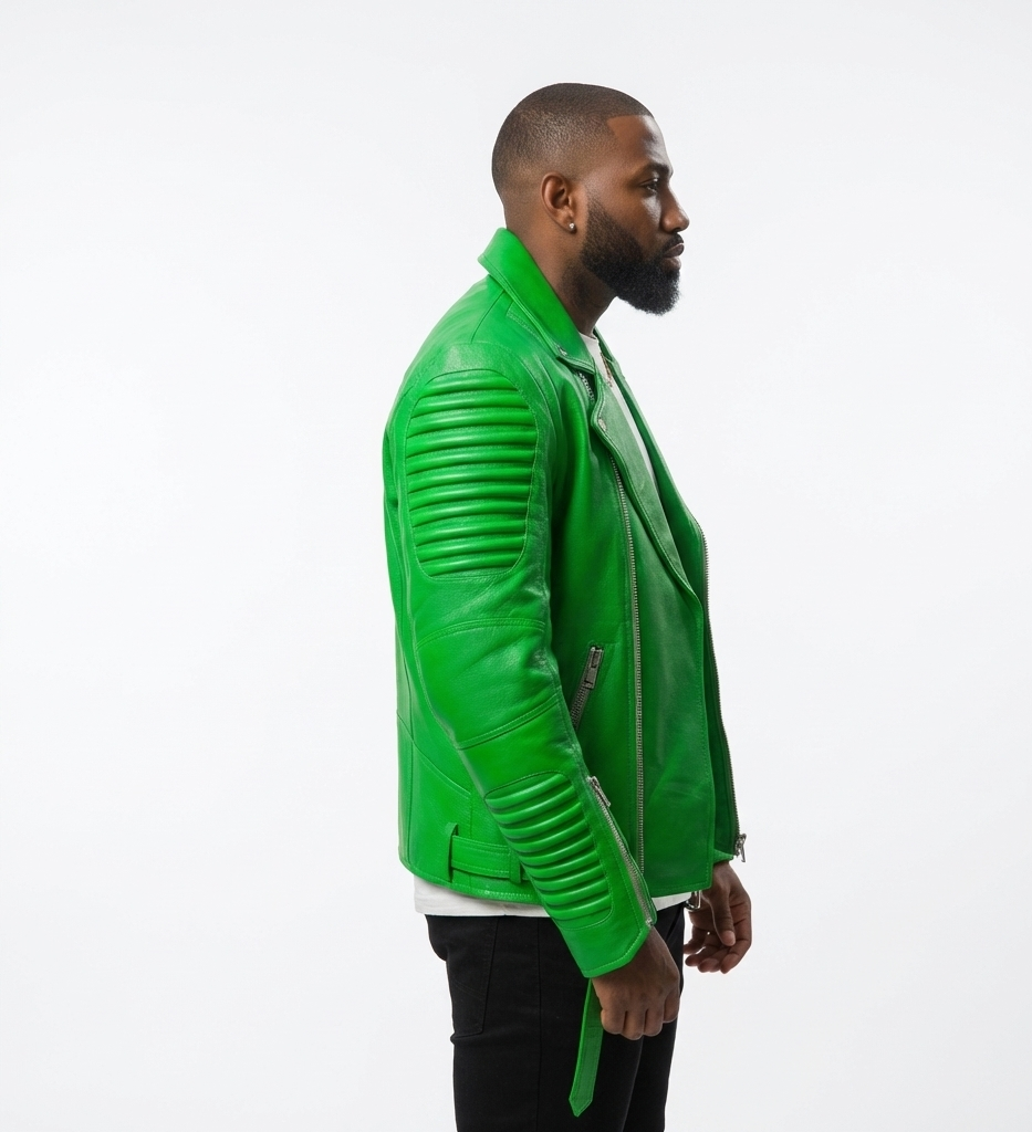 Men’s Green Leather Biker Jacket with Zip