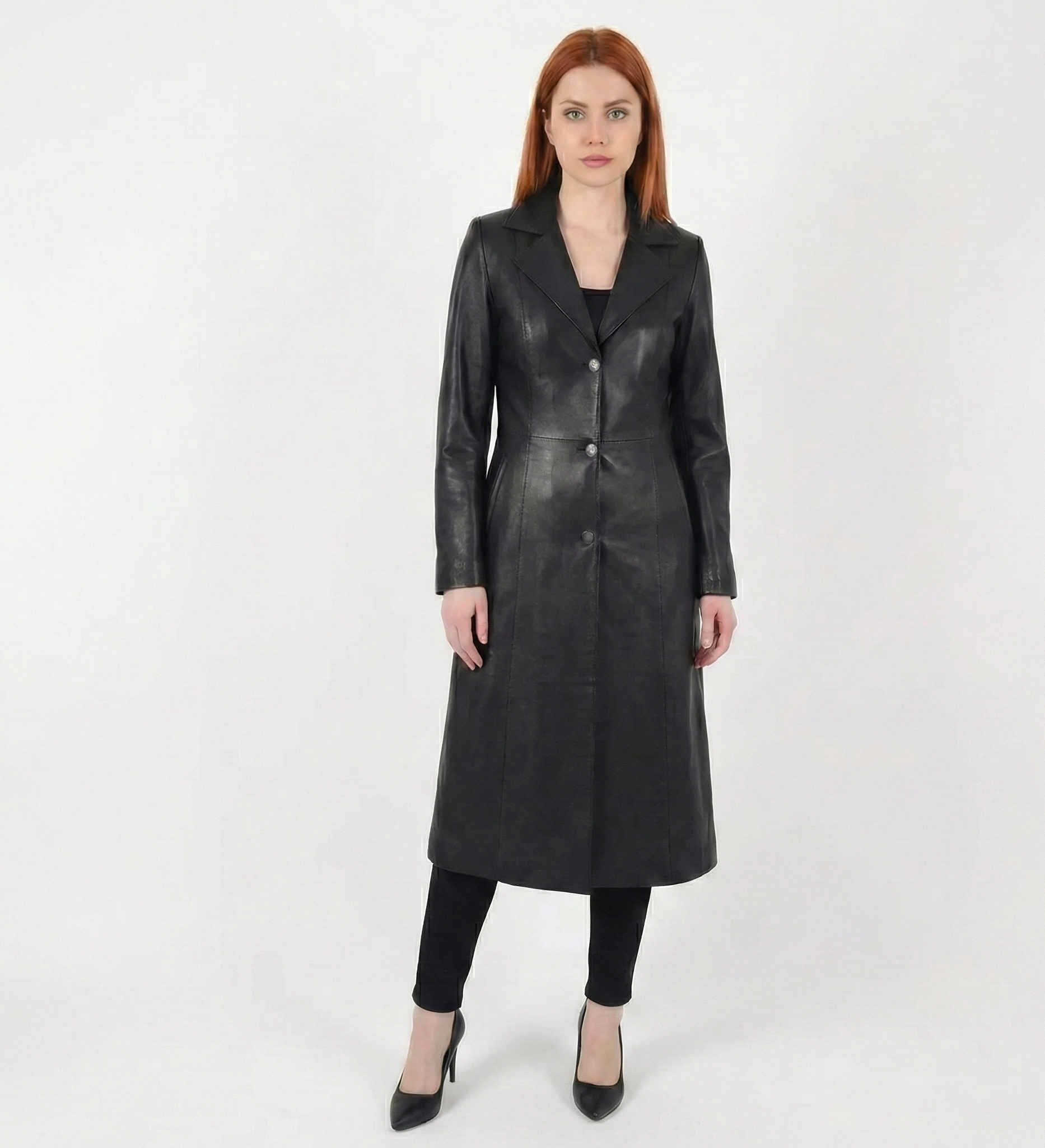 Women’s Classic Black Leather Trench Coat – Tailored Longline Fit