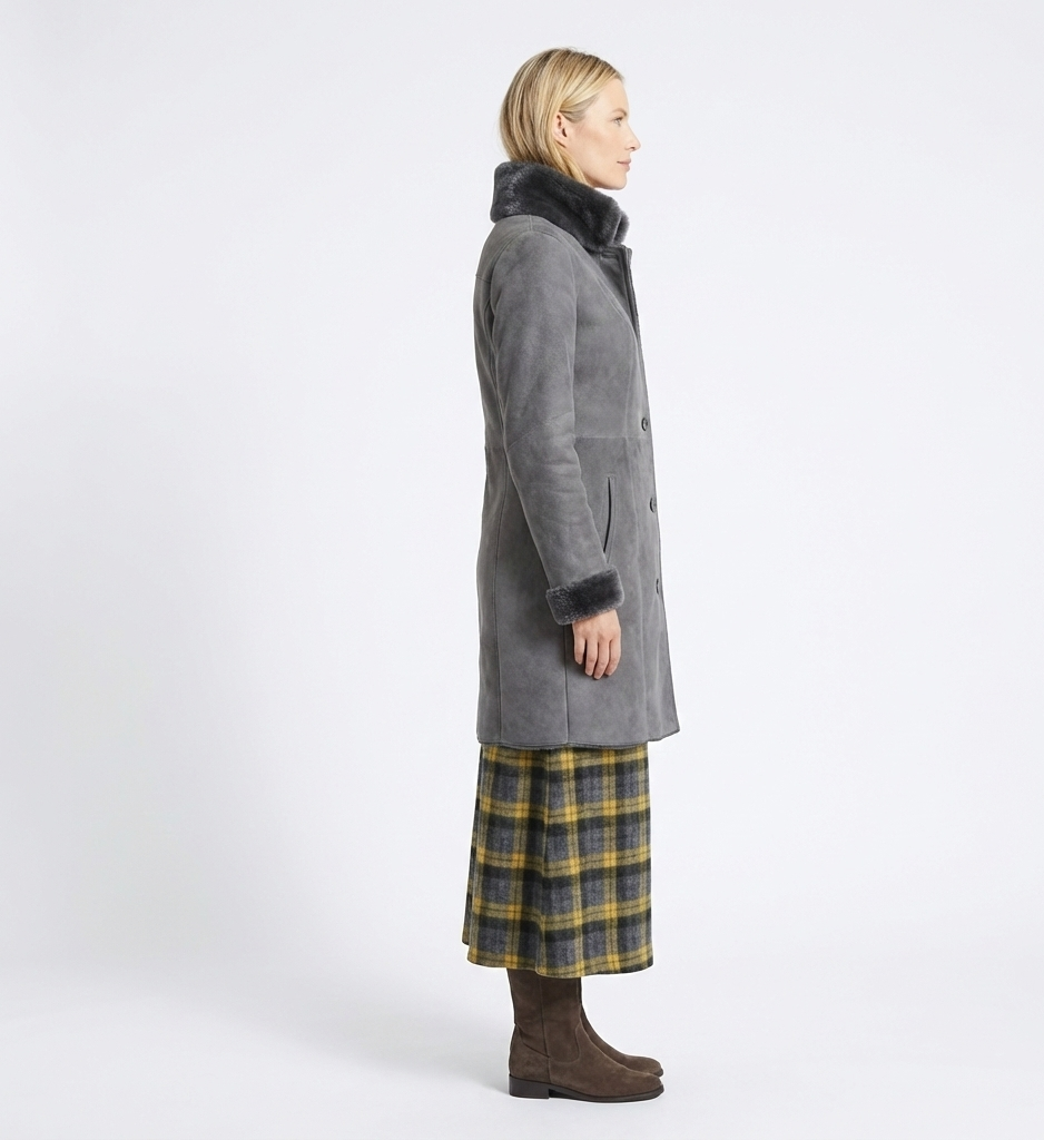 Women’s Grey Long Winter Coat with Soft Shearling