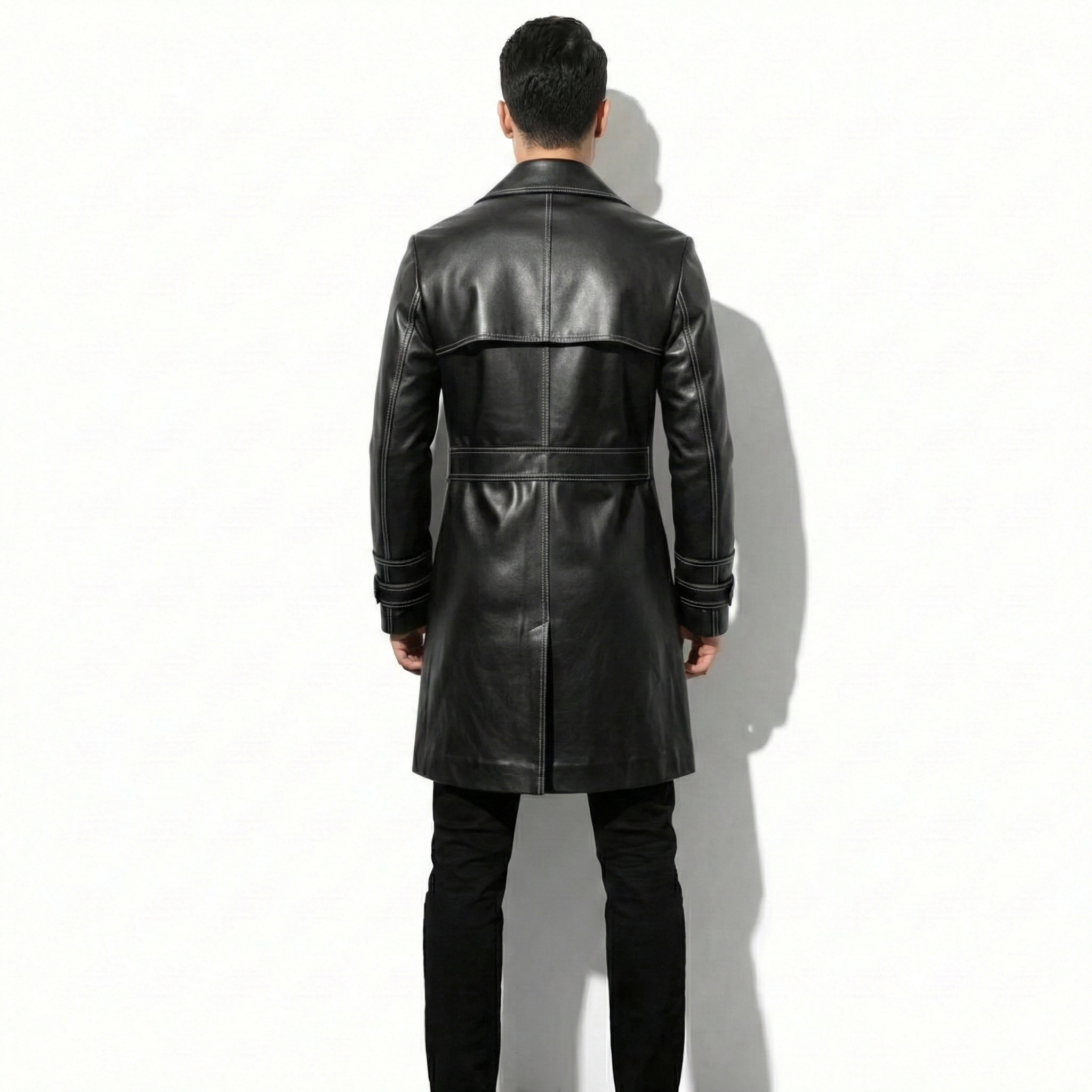 Men’s Black Leather Trench Coat – Slim Fit Outerwear