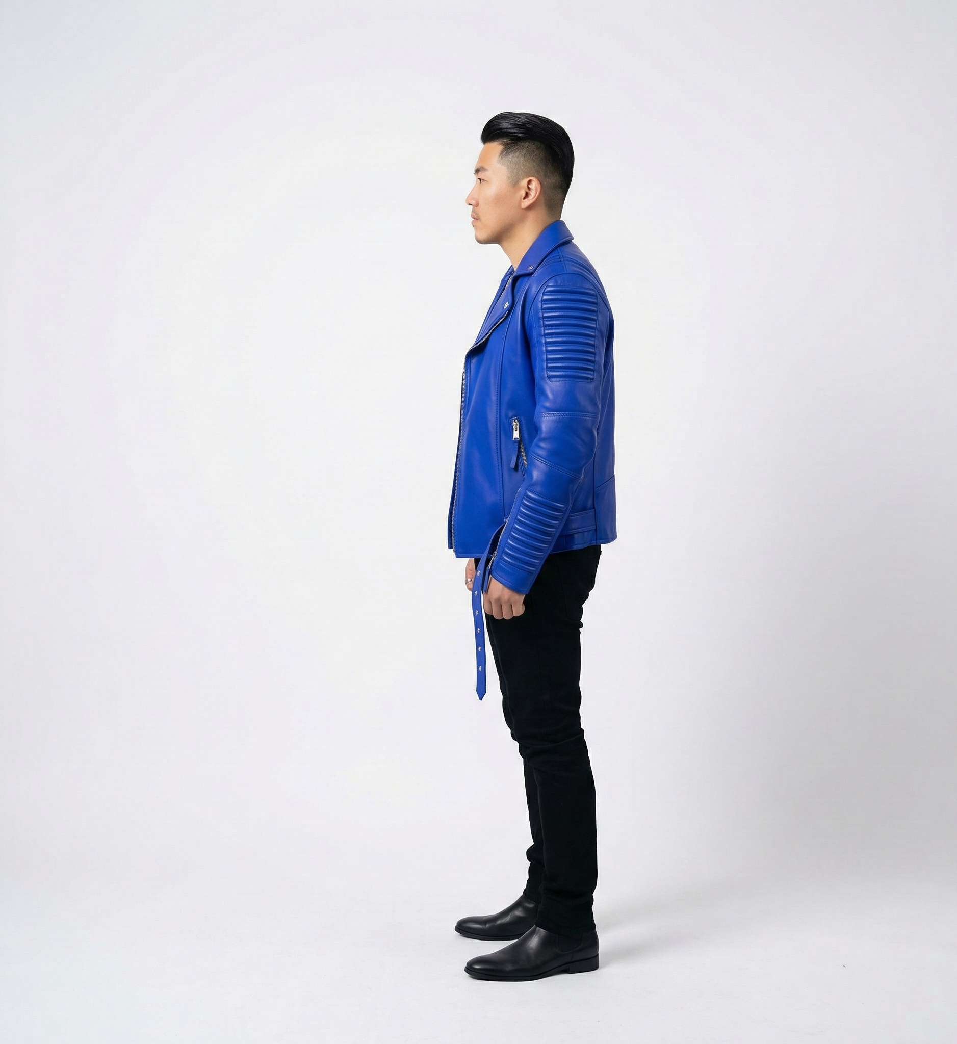 Men’s Royal Blue Leather Biker Jacket with Ribbed Sleeves