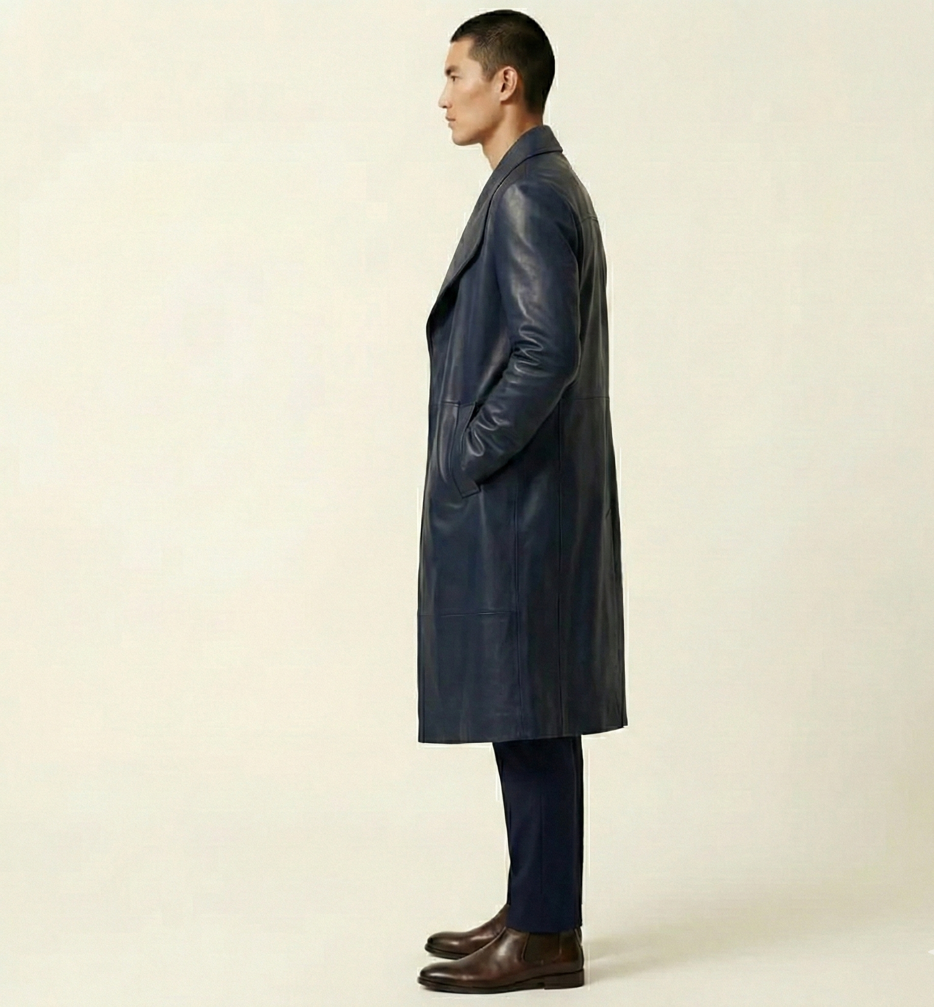 Men’s Navy Leather Long Trench Coat –  Outerwear