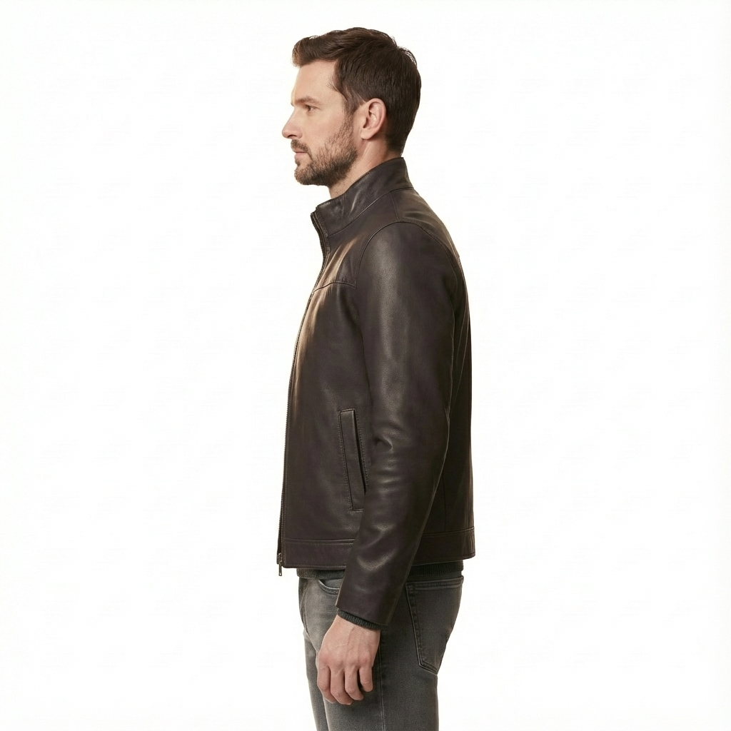 Men’s Brown Leather Jacket with Stand Collar