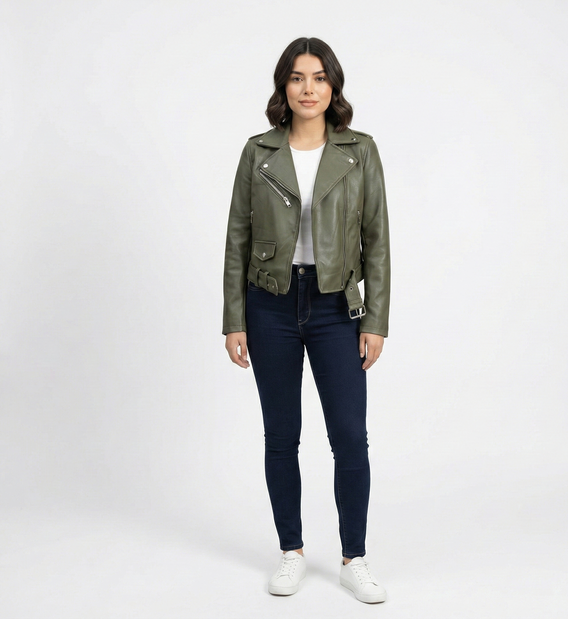 Women’s Olive Green Leather Moto Jacket – Classic Biker Style